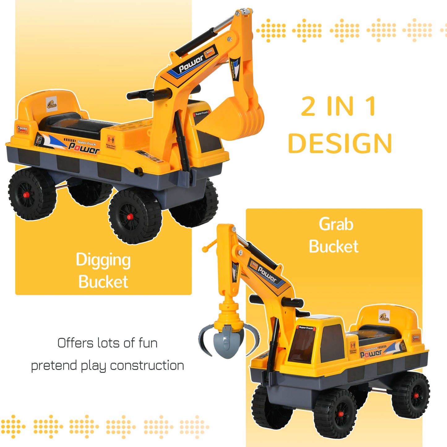 2-in-1 Ride-On Excavator Truck Toy with Music and Lights, Yellow Toy Excavators   at Gallery Canada