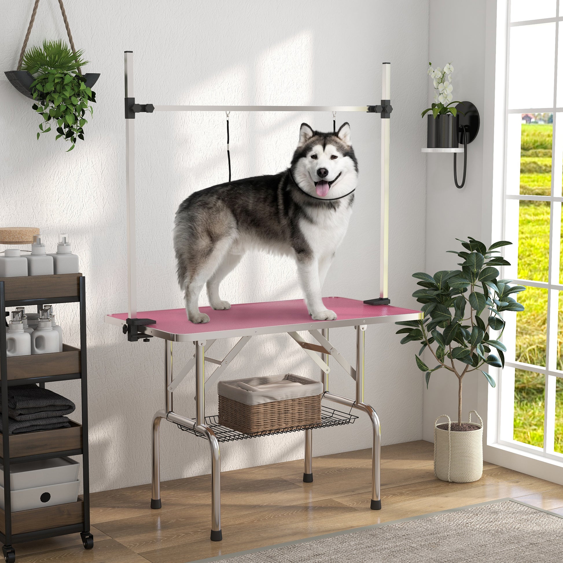 Adjustable Dog Grooming Table with 2 Safety Slings, Storage Basket, Pink Dog Grooming Tables   at Gallery Canada