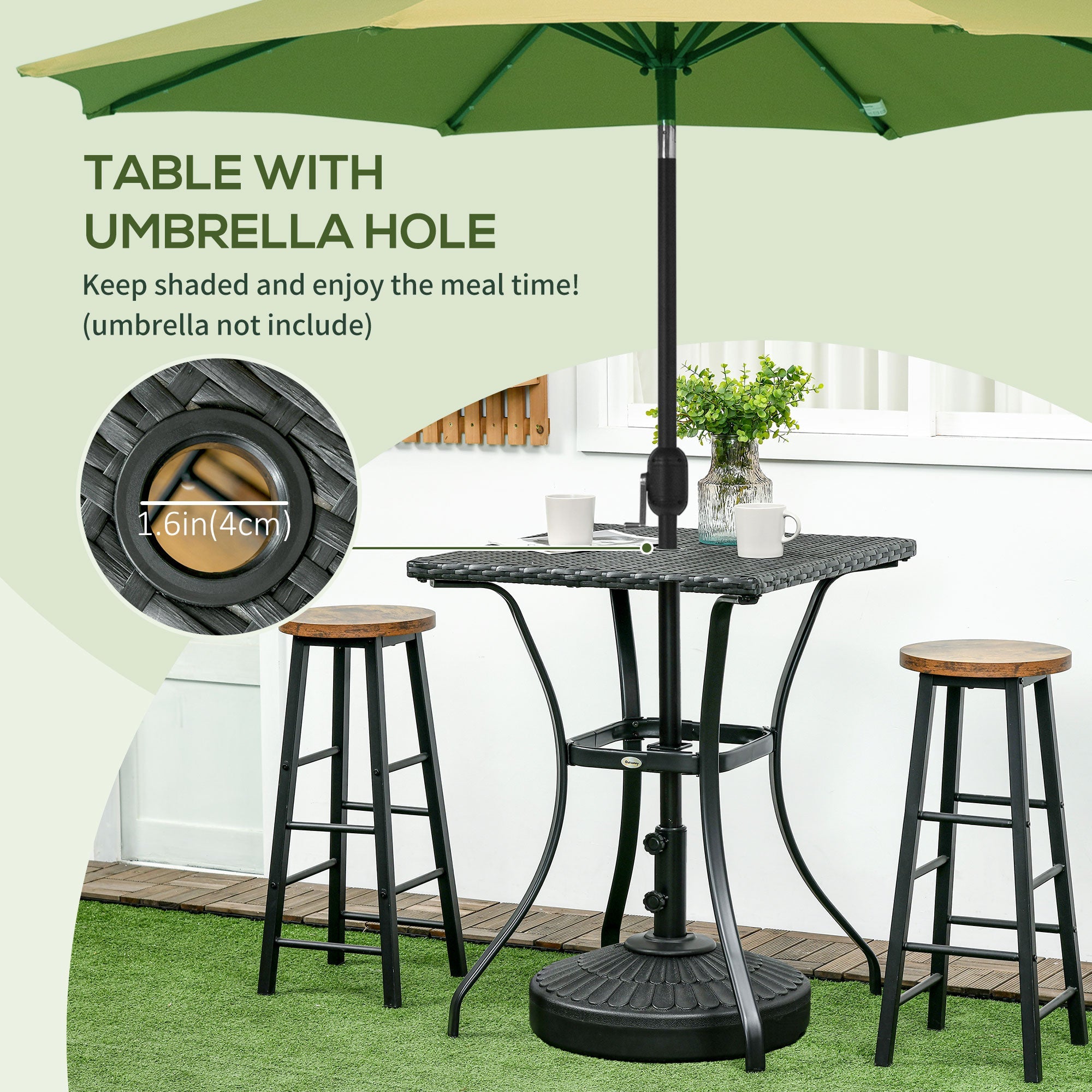 Outdoor Wicker Dining Table with Umbrella Hole, PE Rattan, Black Patio Side Tables   at Gallery Canada