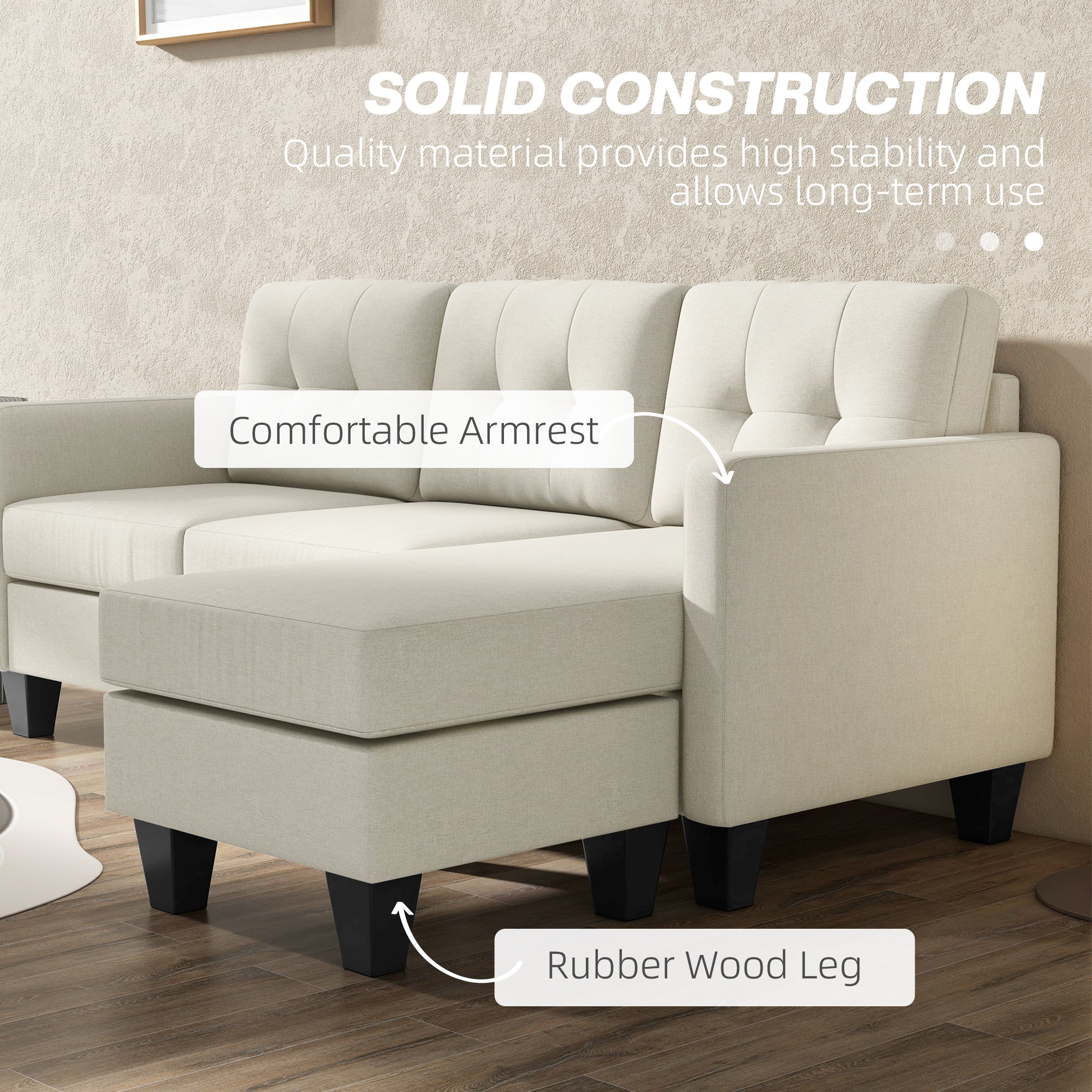 L-shaped Sofa, 3 Seater Sectional Couch with Ottoman, Corner Sofa with Thick Padded Cushion and Wood Legs, Beige 3-Seater Sofas at Gallery Canada