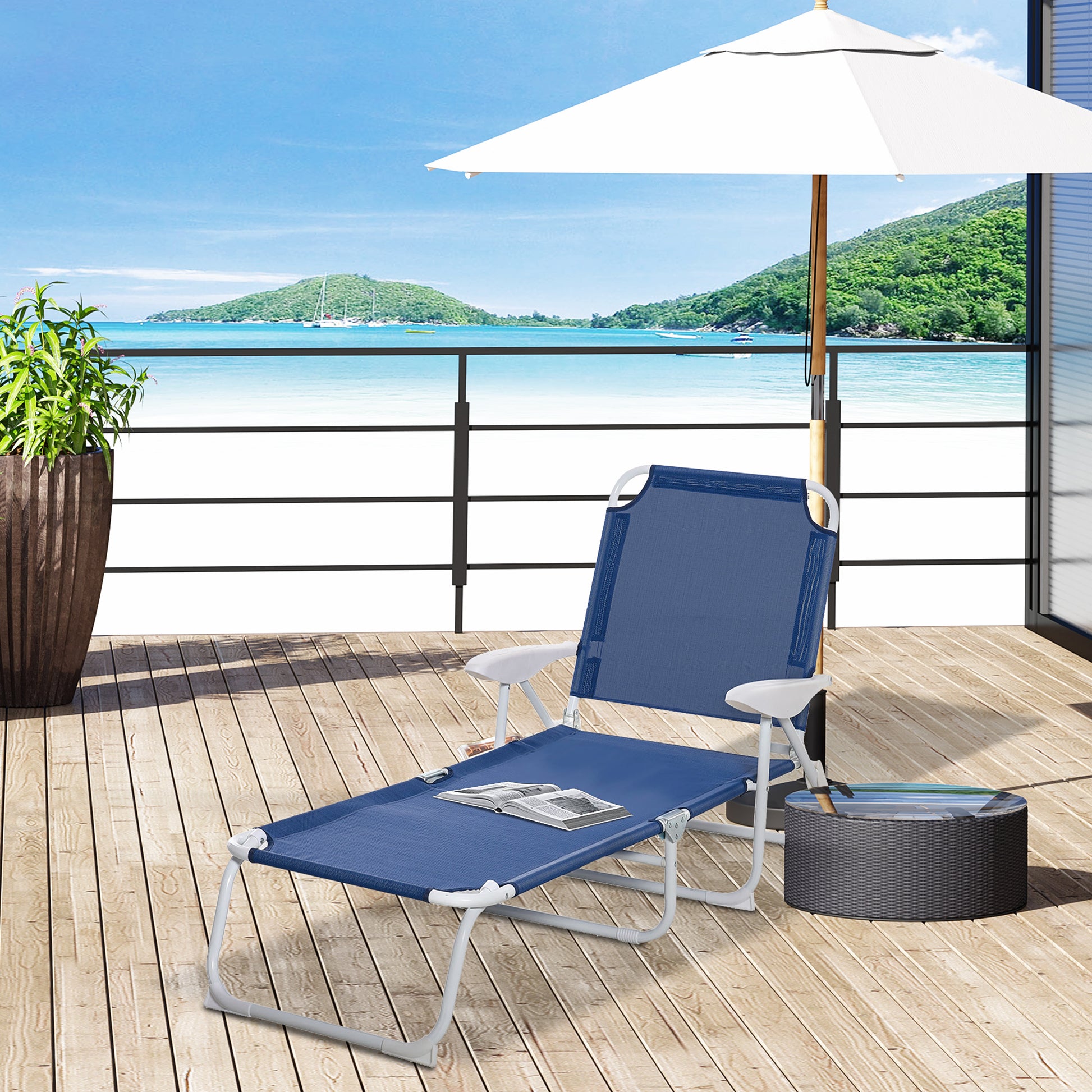 Outdoor Lounge Chair, Patio Garden Folding Chaise Lounge Sun Beach Reclining Tanning Chair with 4-Level Adjustable Backrest, Blue Lounger Chairs   at Gallery Canada