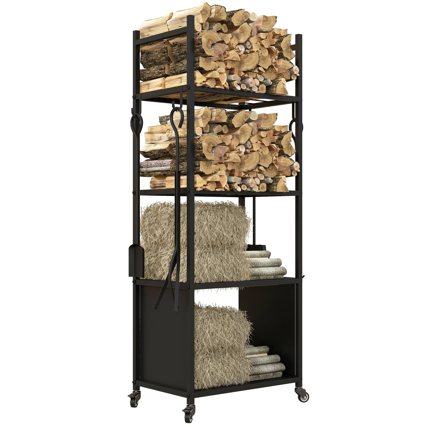 4-Tier Outdoor Indoor Firewood Rack with Wheels and 4 Tools, Powder-Coated Steel Wood Storage Rack Log Holder Firewood Racks   at Gallery Canada