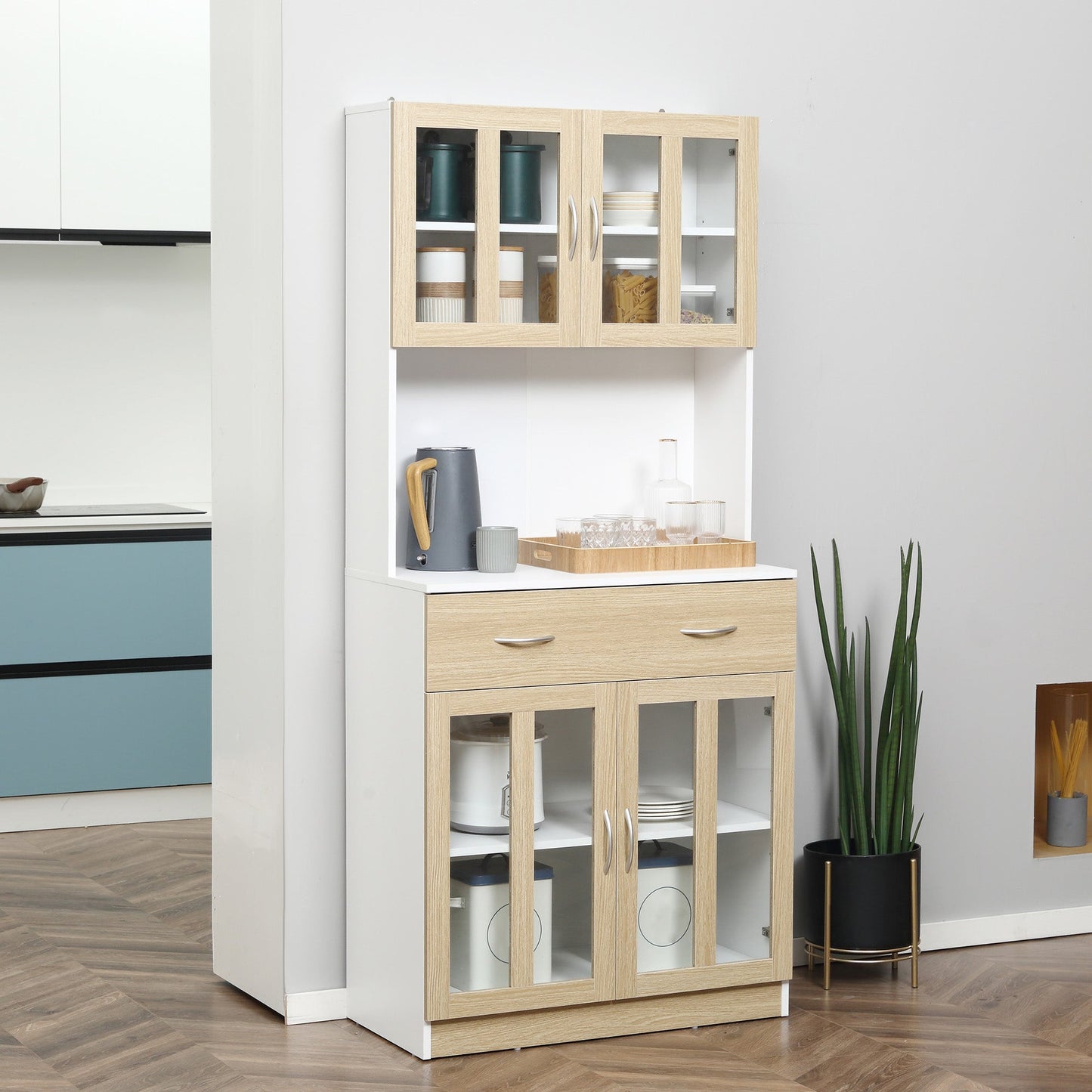 71" Kitchen Buffet with Hutch, Freestanding Pantry Cupboard with Central Drawer, 2 Glass Door Cabinets and Countertop, White Kitchen Pantry Cabinets   at Gallery Canada