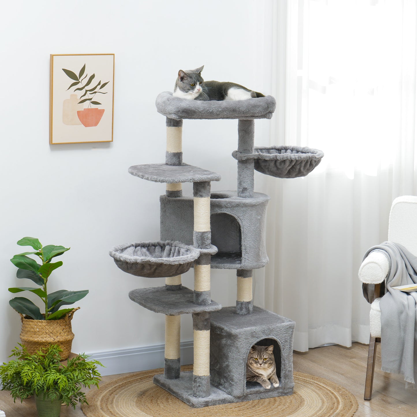 52.5" Cat Tree Tower with Scratching Posts, Cat Condos, Bed, Platforms, Hammocks, for Indoor Cats, Grey Cat Towers   at Gallery Canada