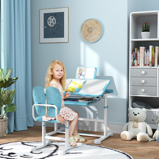 Height Adjustable Kids Desk and Chair Set with Tilt Desktop, Large Writing Board, Storage Drawer, Book Stand, Blue Kids Desk Sets   at Gallery Canada