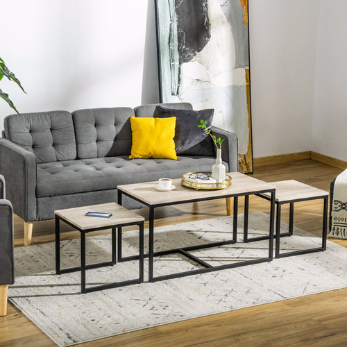 Nesting Coffee Table Set of 3, Modern End Tables with Black Metal Frame for Living Room Home Furniture, Natural