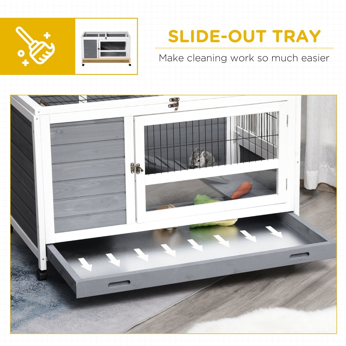 Elevated Wooden Rabbit Hutch with Slide-out Tray and Lockable Door, Grey Rabbit Hutch   at Gallery Canada