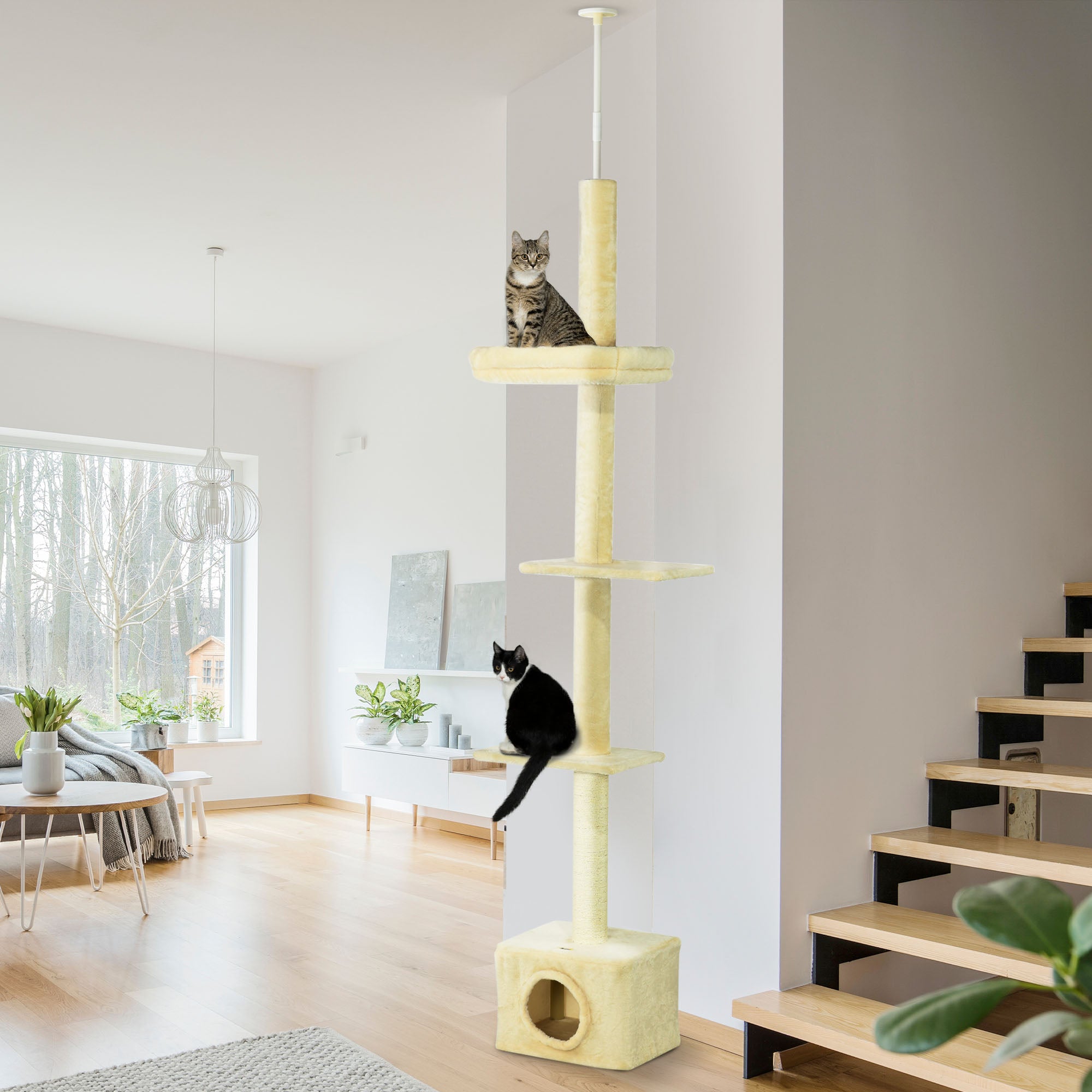 Floor to Ceiling Cat Tree with Scratching Post for Indoor Cats, Adjustable Height Cat Tower (91-102 Inches) with House, Bed, Beige Floor to Ceiling Cat Trees at Gallery Canada