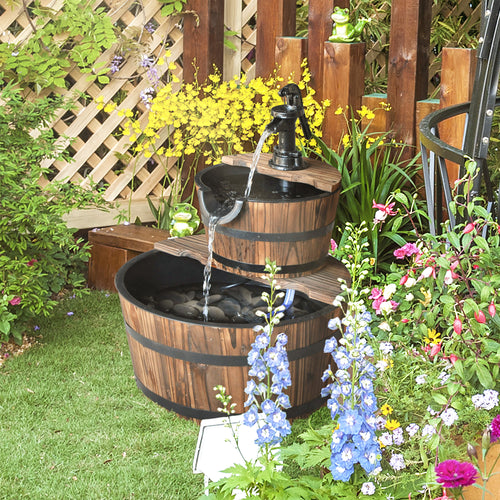 2-Tier Wooden Barrel Water Fountain with Electric Pump Cascading Feature Outdoor Indoor Decoration