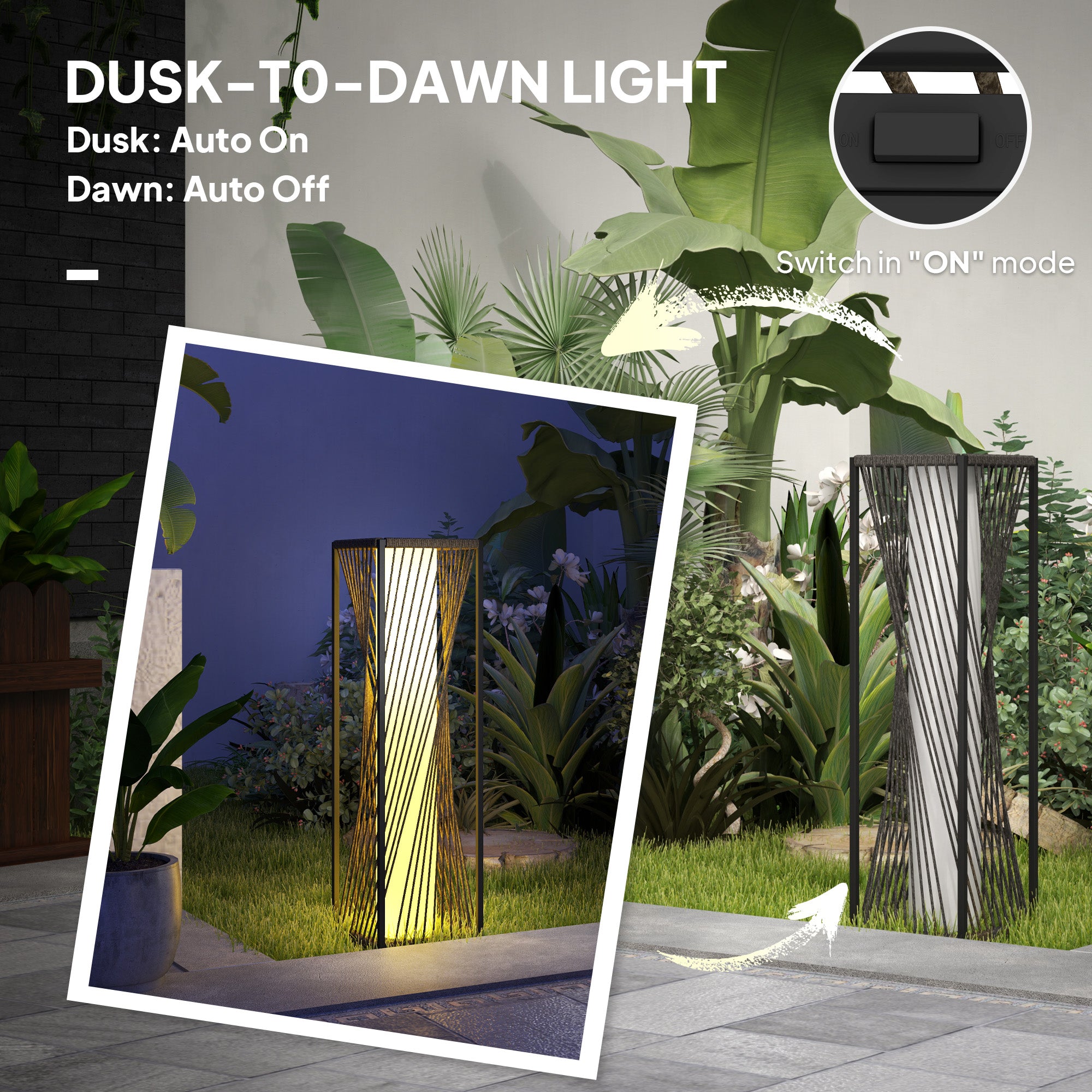 Rattan Solar Floor Lamp, Decorative Outdoor Lamp with Auto On/Off LED Lights, IP44 for Patio, Porch, Pathway, Grey Solar Post Lamps at Gallery Canada