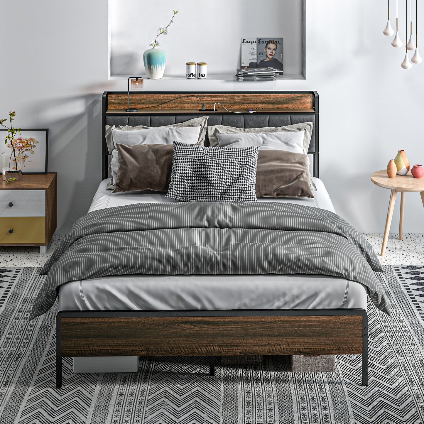 Queen Size Bed Frame with Charging Station, Queen Bed Frame with Upholstered Headboard and Storage Shelf, Walnut Bedroom Furniture   at Gallery Canada