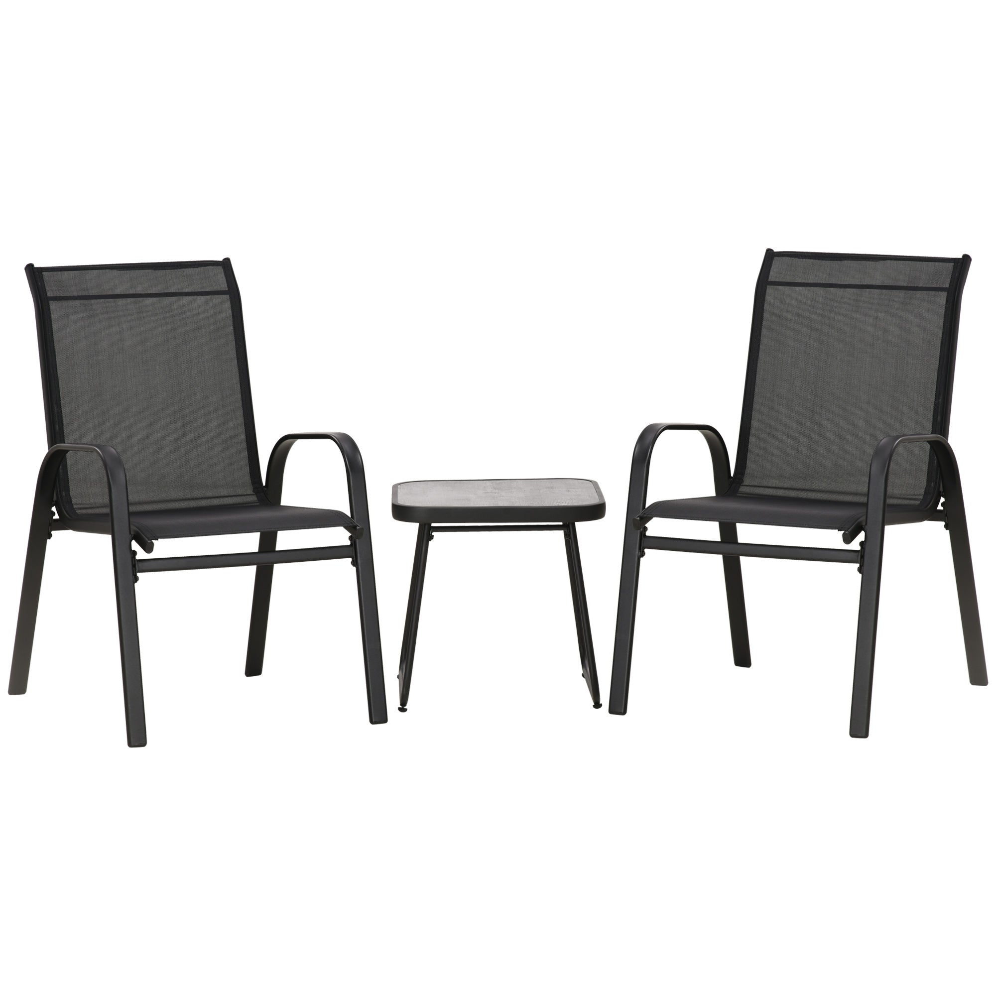 Outdoor Bistro Set of 3, 3 Piece Patio Set with Breathable Mesh Fabric, Stackable Chairs and Square Table, Black Bistro Sets   at Gallery Canada