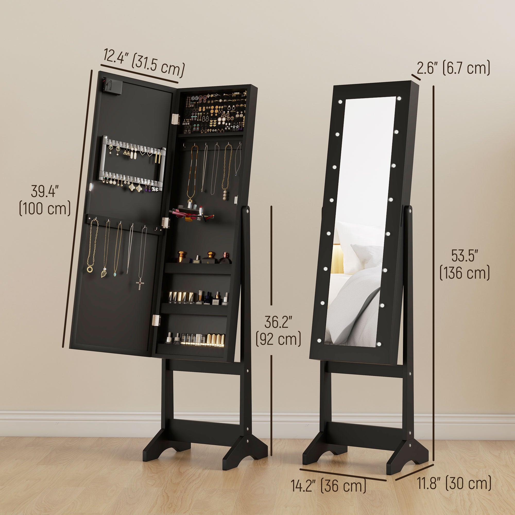 Free Standing Armoire Organizer, Lighted Mirrored Jewelry Cabinet w/ Angle Adjustable &; 16 LED Lights Black Jewelry Armoire & Jewellery Mirror Cabinets at Gallery Canada