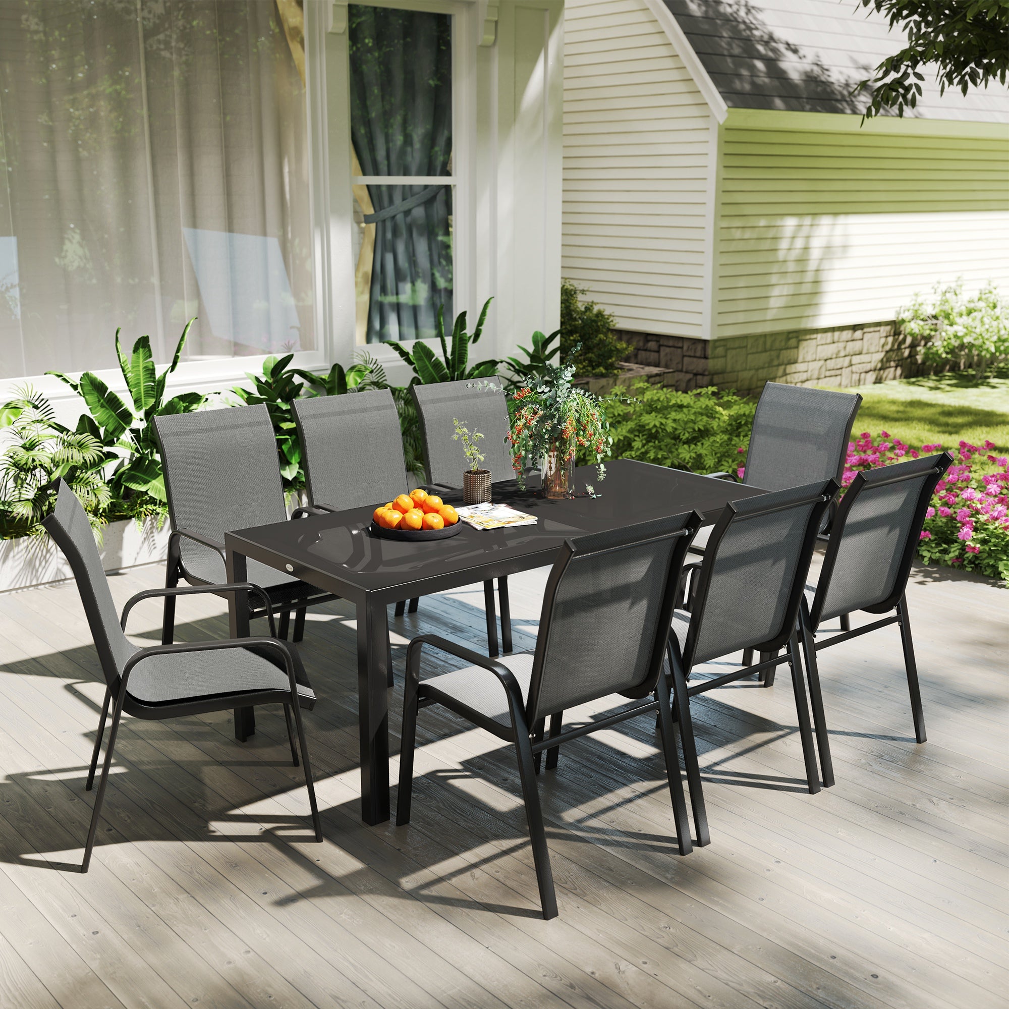 9 Pieces Patio Set with Stackable Chairs, Patio Dining Set with Glass Top for Garden, Patio, Backyard, Grey Outdoor Dining Sets at Gallery Canada