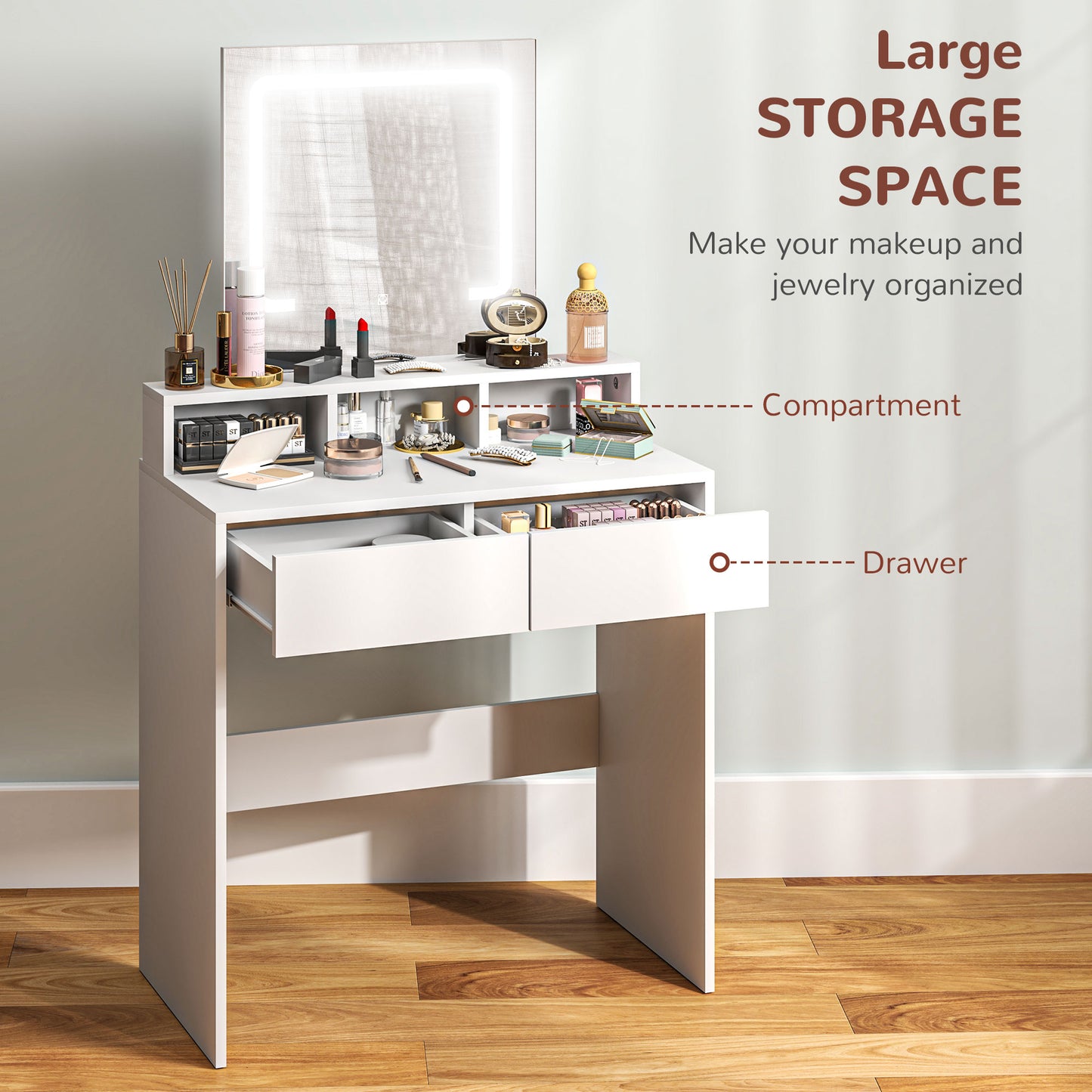 Makeup Vanity Desk with Mirror and LED Lights, for Bedroom, Modern Dressing Table with Drawers, Compartments, White Dressing & Vanity Tables   at Gallery Canada