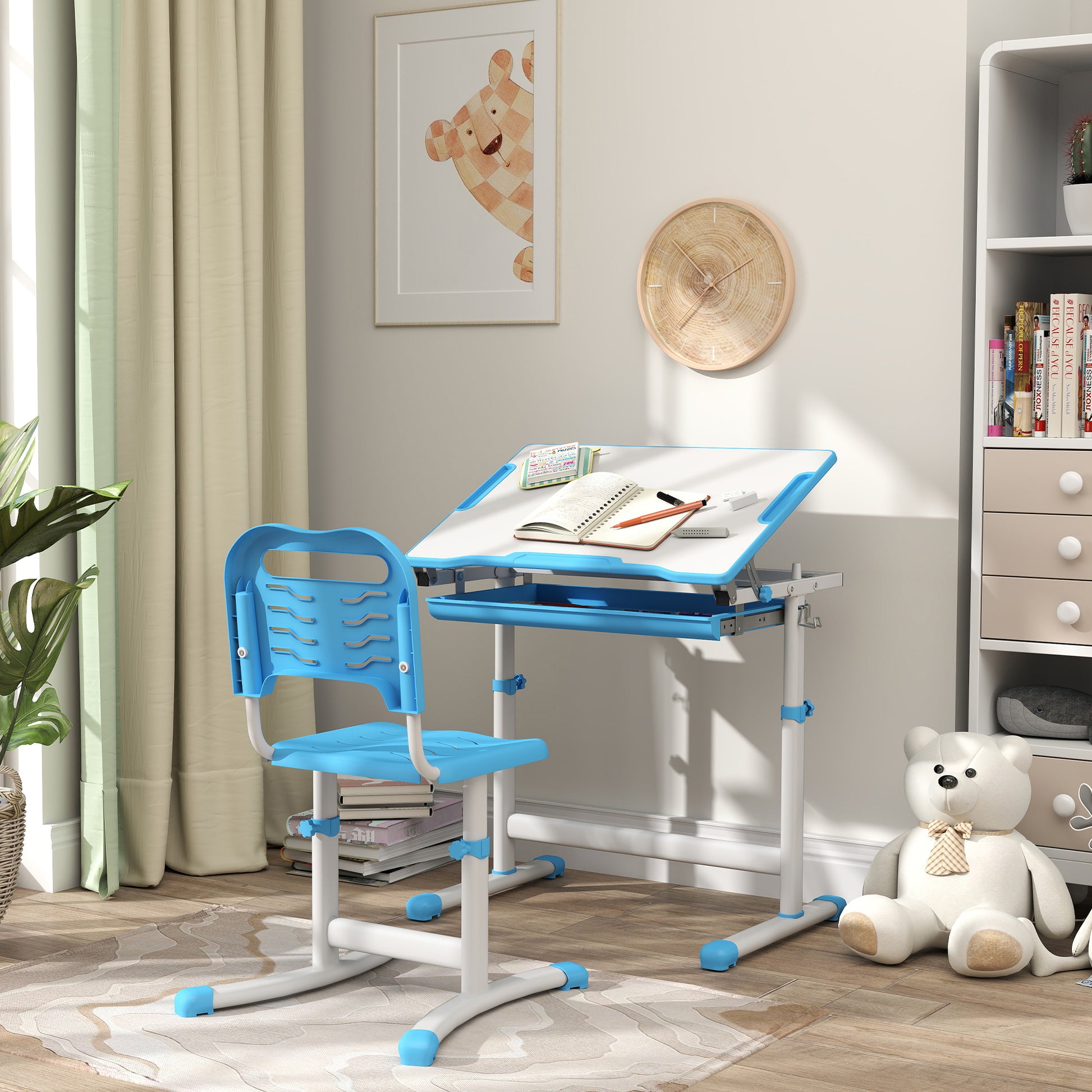 Height Adjustable Study Table and Chair Set with Drawer, Pen Slot, Tiltable Desktop, Hook, Blue Kids Desk Sets   at Gallery Canada