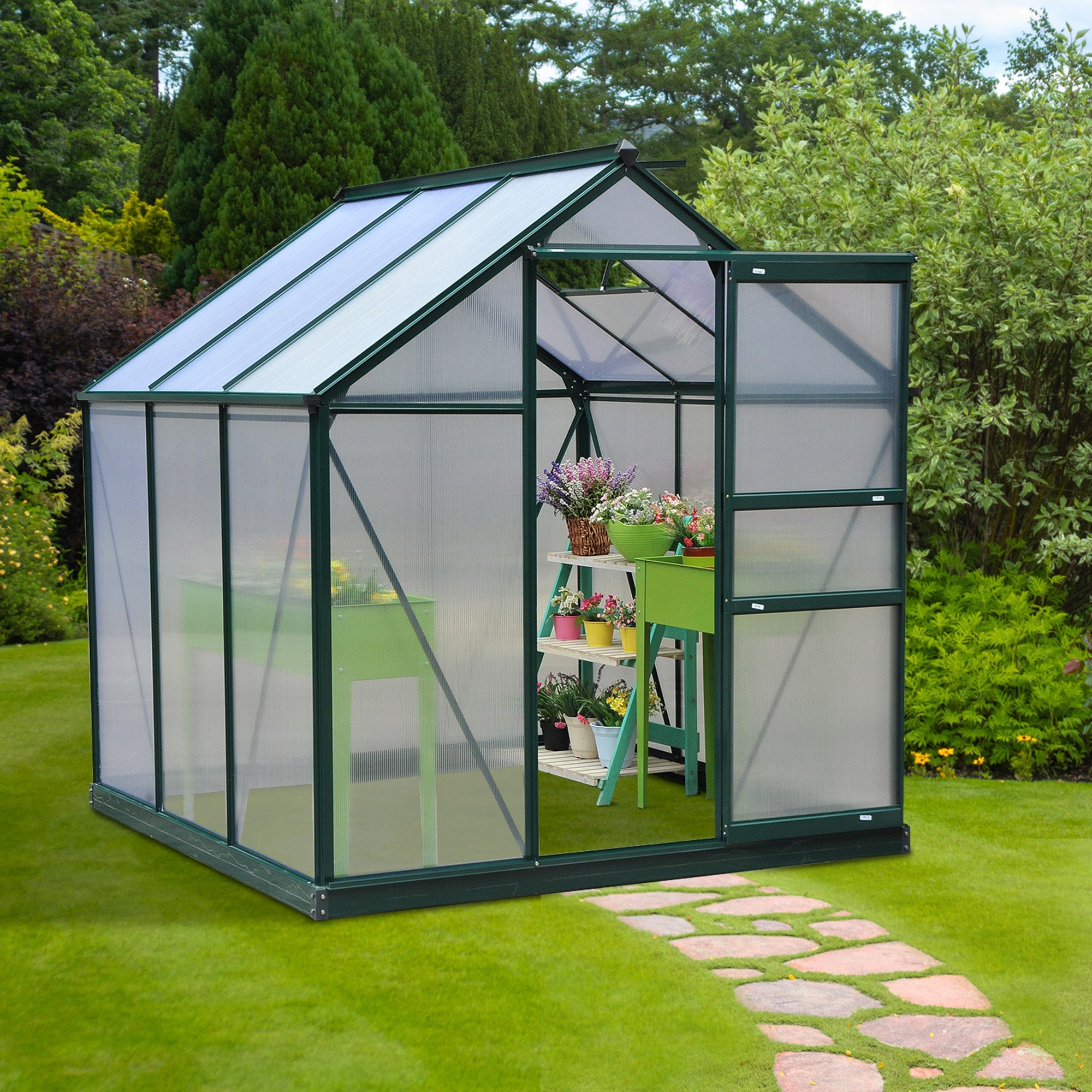 6.2' x 6.3' x 6.6' Clear Polycarbonate Greenhouse, Large Walk-In Green House Garden, Plants Grow, Galvanized Sheet Frame w/ Slide Door Walk In Greenhouses at Gallery Canada