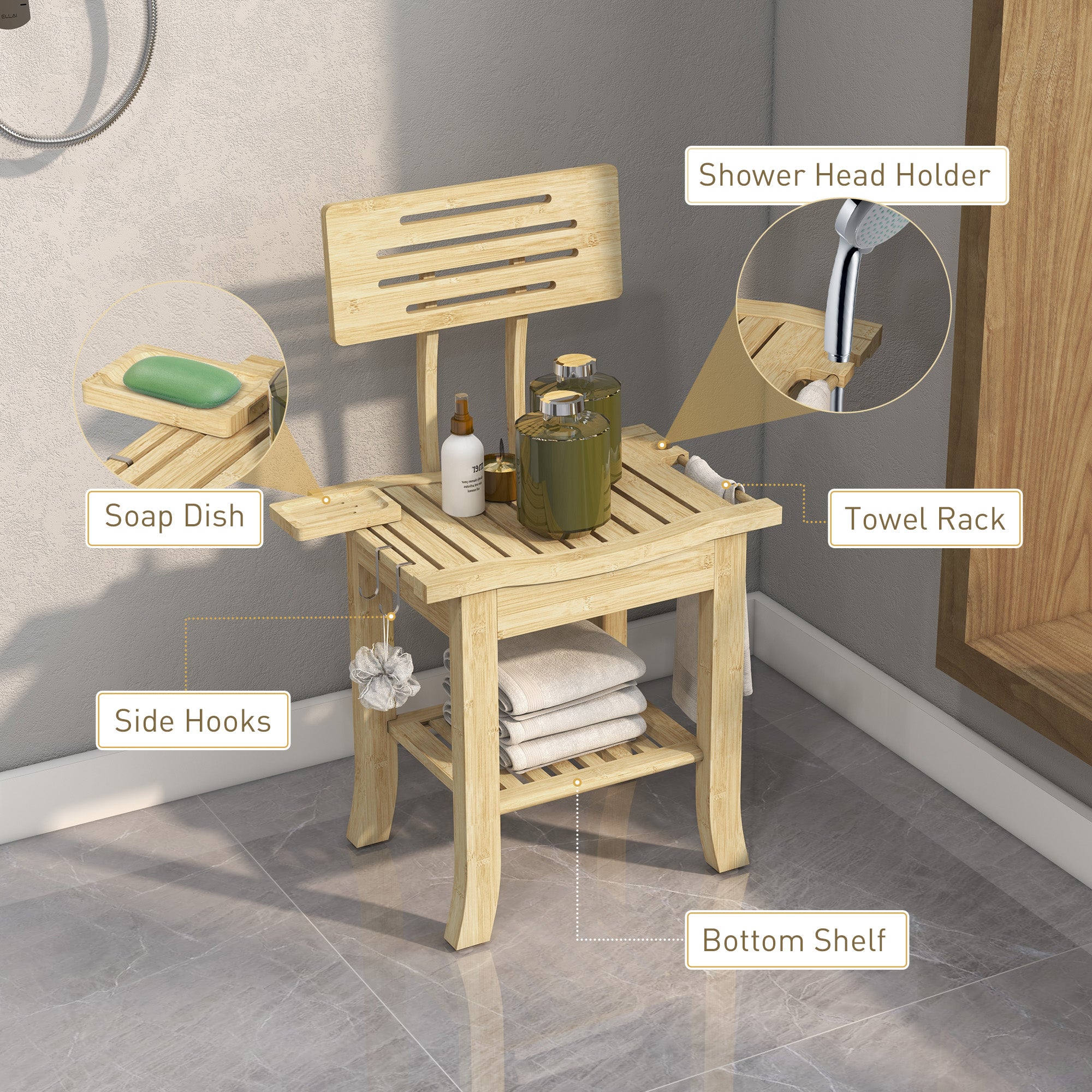 Bathroom Bench with Back, Bamboo Shower Bench with Towel Rack, Shower Head Holder and Soap Dish, Natural Wood Bath Chairs at Gallery Canada