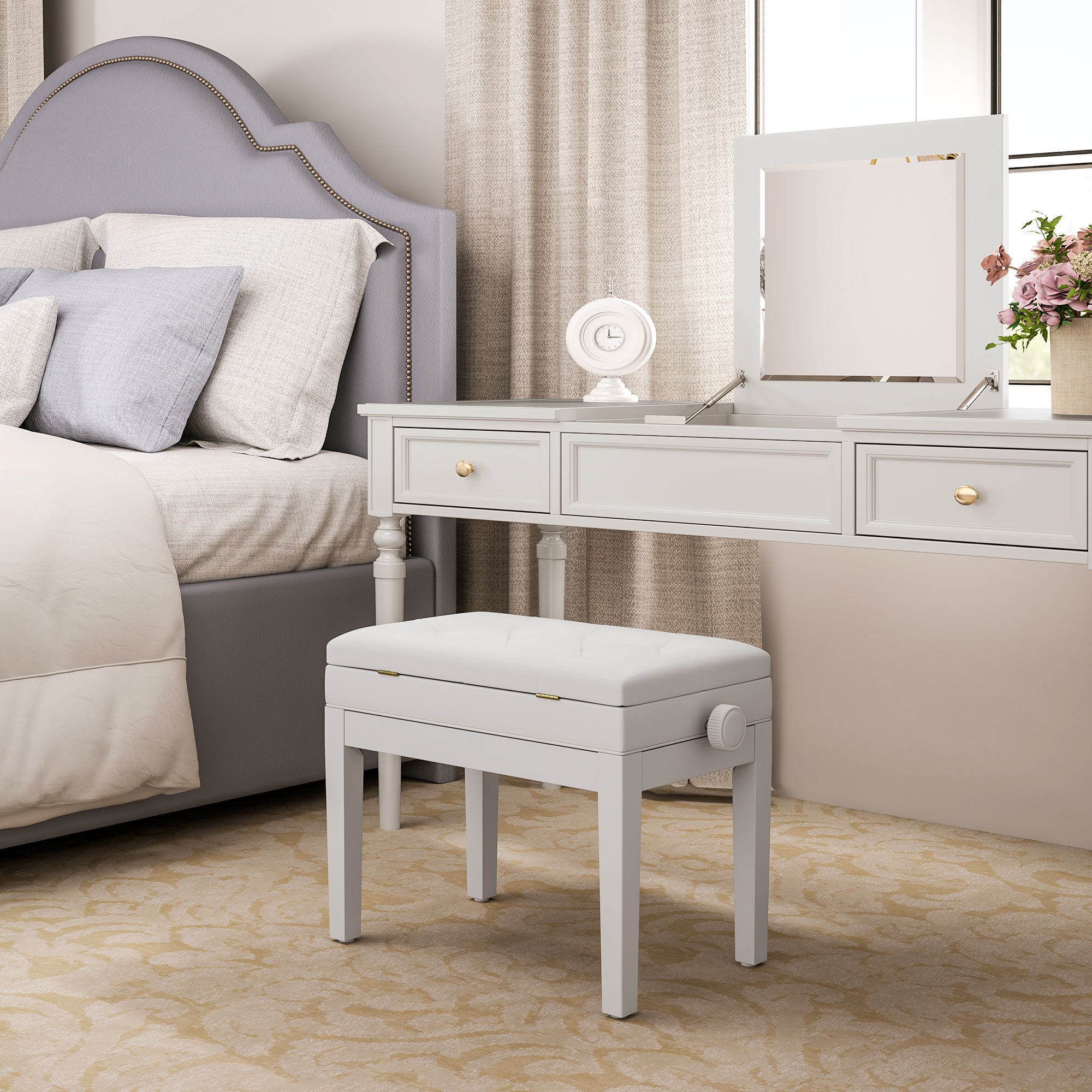Adjustable Piano Bench with Storage and Soft PU Leather Padded, with Enough Music Storage Design, White Piano Benches at Gallery Canada