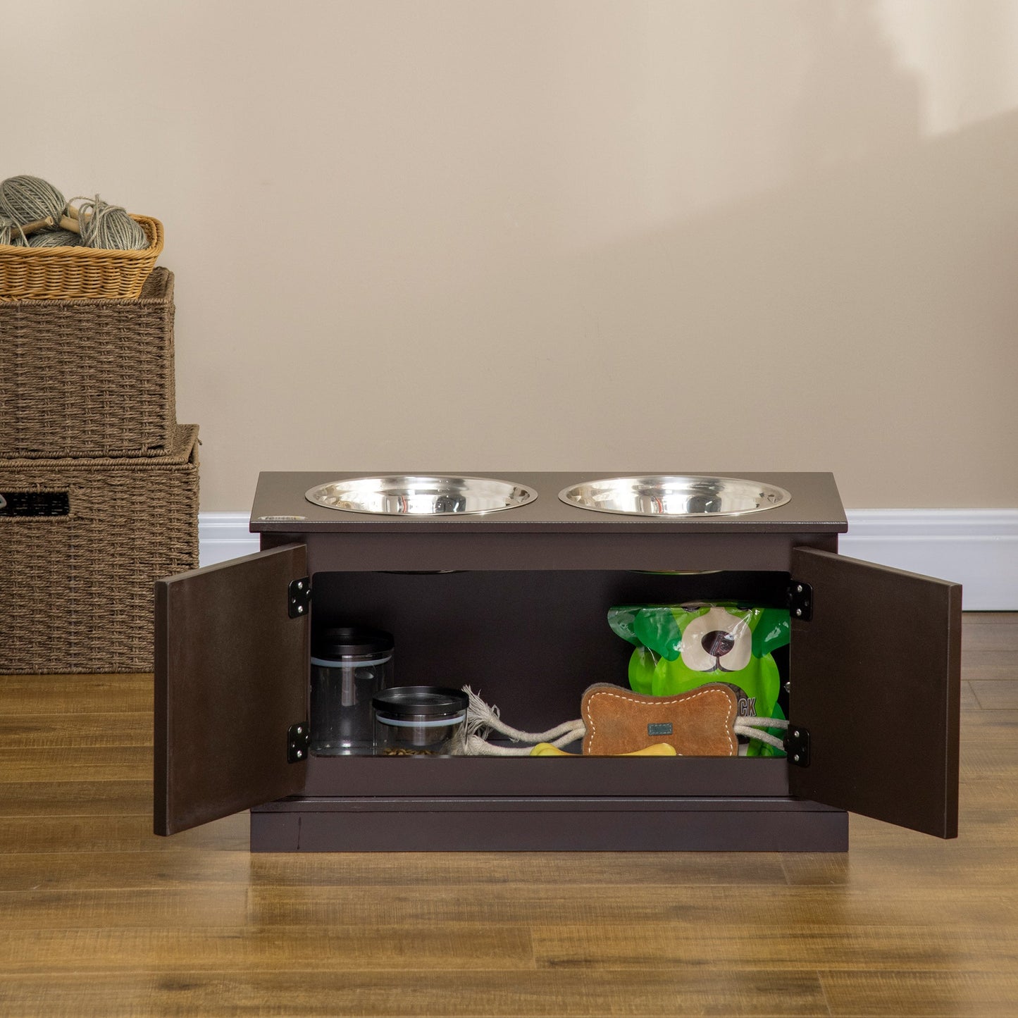 Elevated Dog Bowls with Storage Cabinet, Raised Pet Bowls Stand with 2 Stainless Steel Bowls for Water and Food, for Large Dogs, Brown Dog Bowls   at Gallery Canada