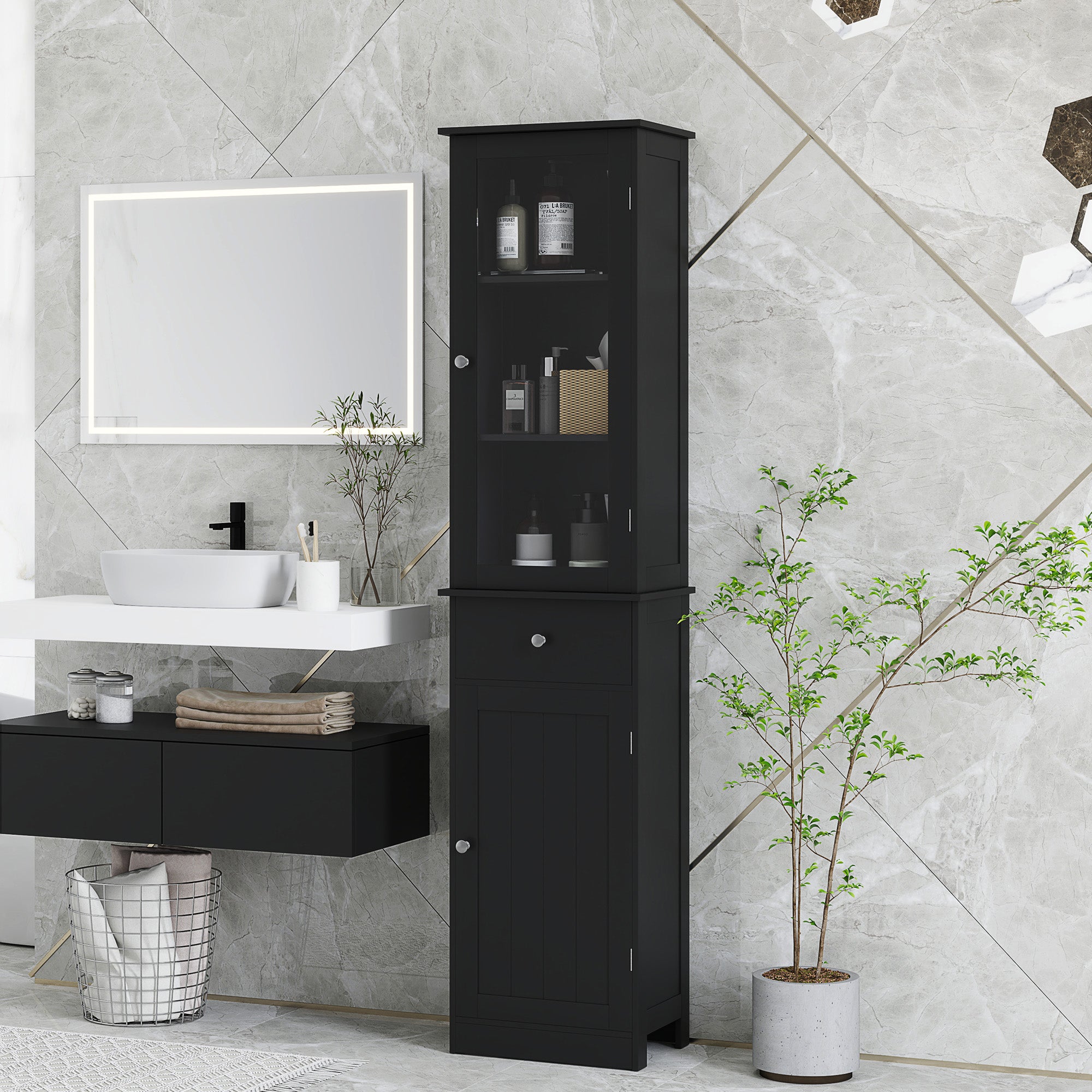 Tall Bathroom Cabinet, Bathroom Storage Cabinet with Drawers, 2 Doors and Adjustable Shelves, Black Bathroom Cabinets at Gallery Canada