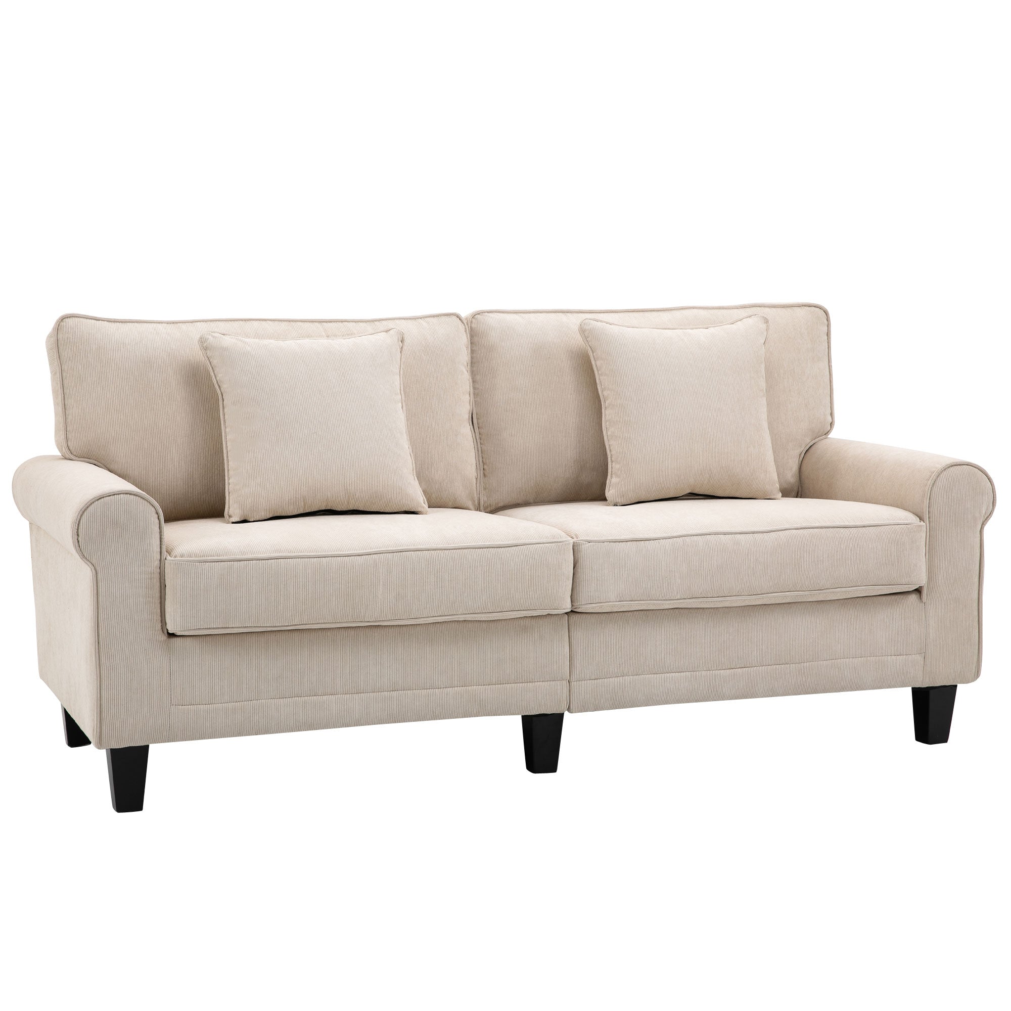 Modern 3 Seater Sofa, Corduroy Fabric 3 Seater Couch with Pine Wood Legs and Rolled Armrests for Living Room, Beige 3-Seater Sofas   at Gallery Canada