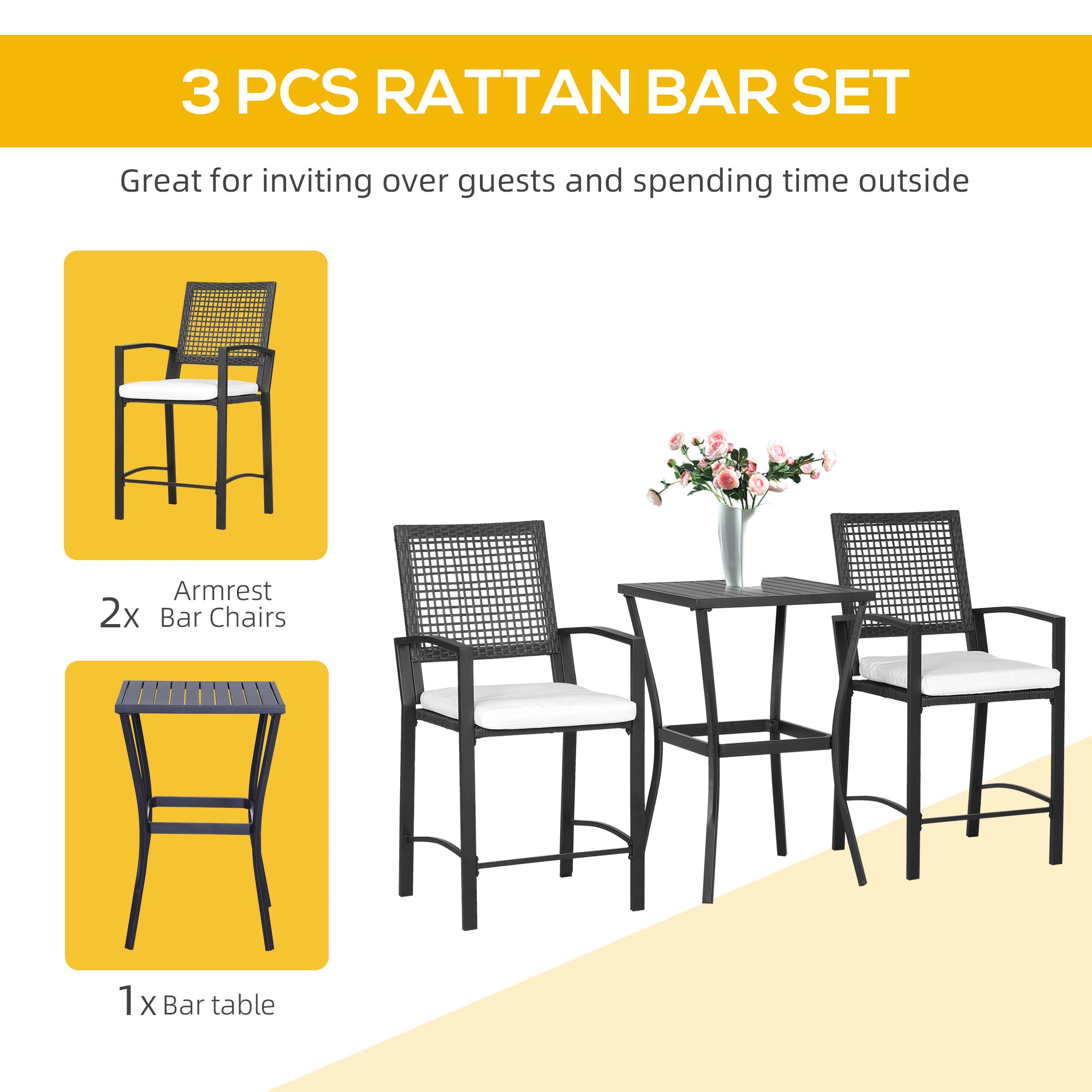 3 Pieces Outdoor Wicker Bar Set, Classic Bistro Bar Set Garden Rattan Style Patio Bar Table &; High Chairs w/ Cushions Home Bar Furniture, Cream White Bistro Sets at Gallery Canada
