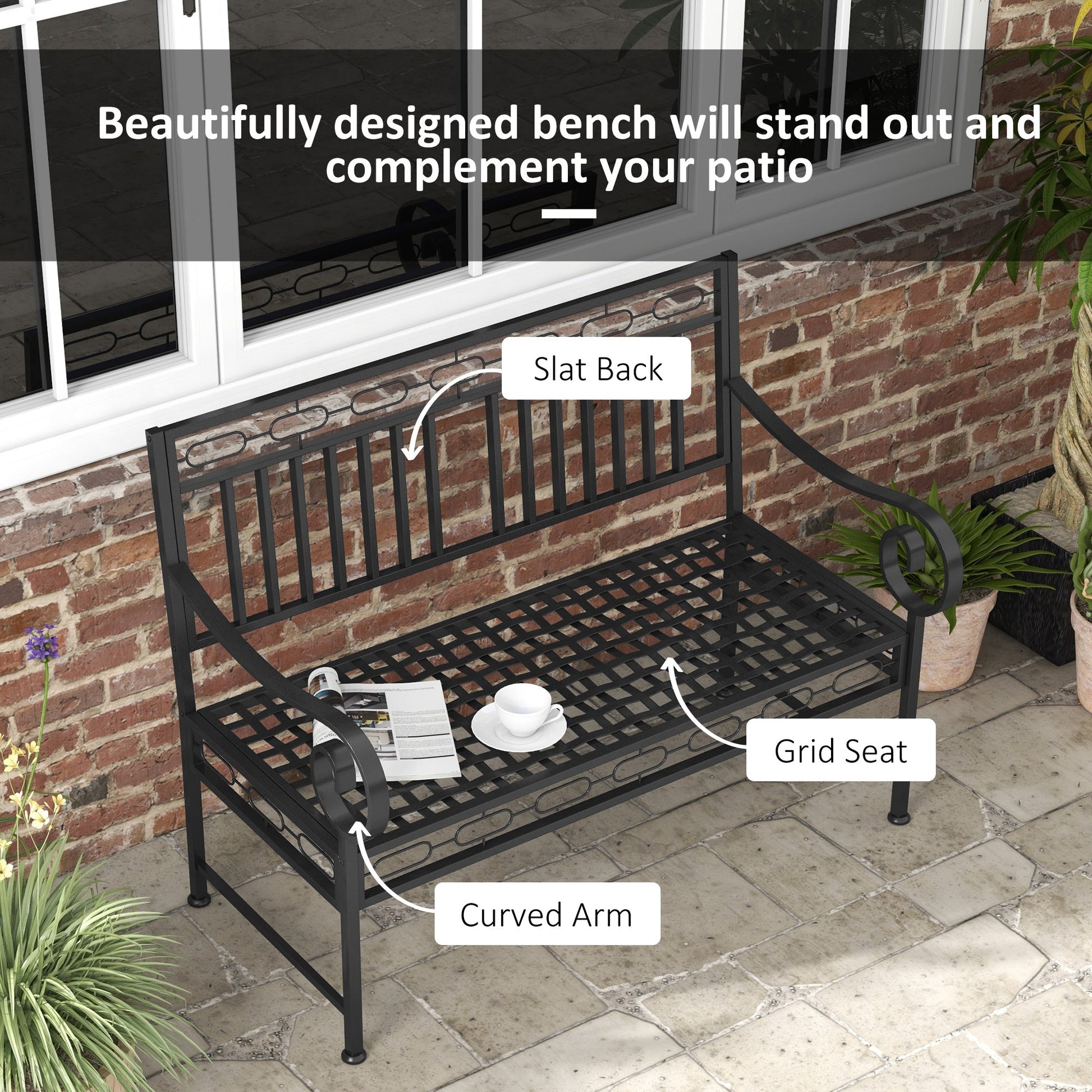 44" Metal Park Bench, 2 Seater Garden Bench with Decorative Backrest and Grid Seat for Patio, Backyard, Lawn, Black Outdoor Benches   at Gallery Canada