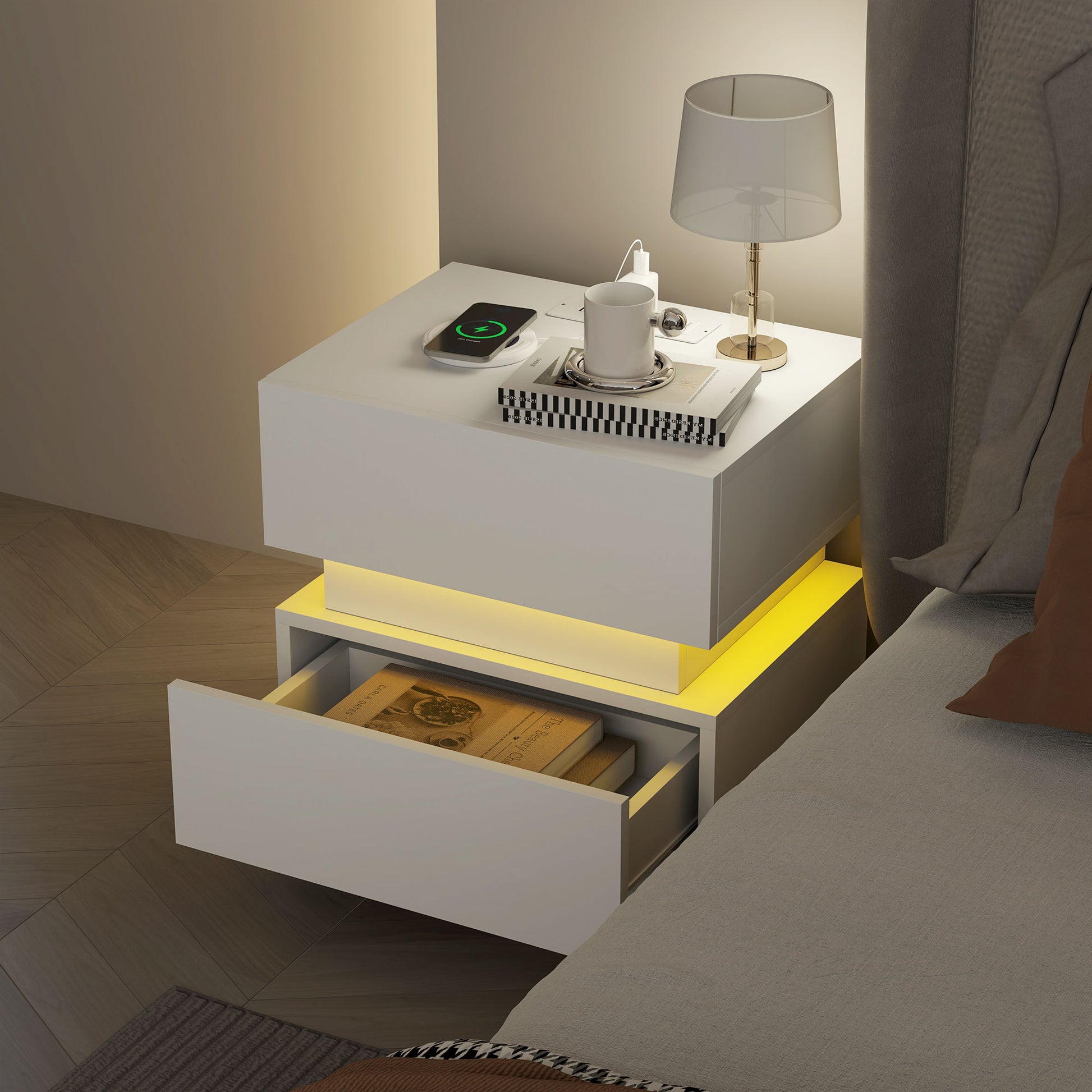 Bedside Table with Charging Station and LED Light Modern Nightstand with USB Ports AC Outlets Drawers Remote, White Bedside Tables   at Gallery Canada