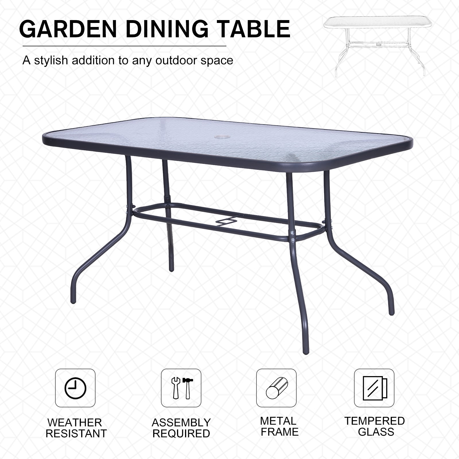 Metal Garden Dining Tables Outdoor Patio w/ Tempered Glass Top, Umbrella Hole, 55