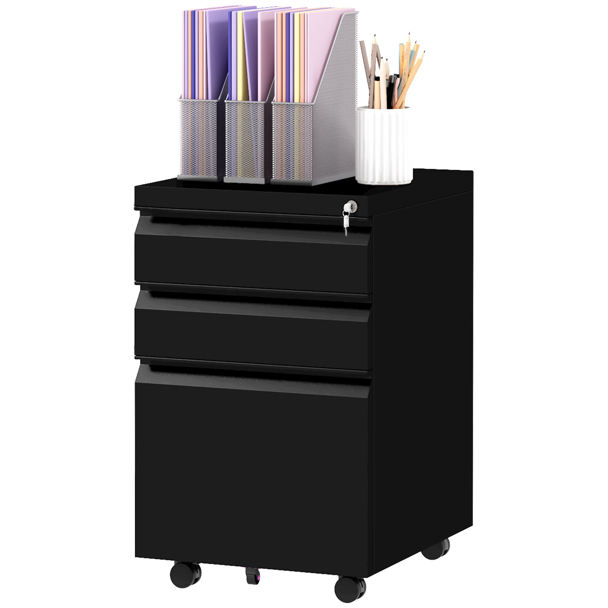 3 Drawer Vertical File Cabinet with Lock, Steel Filing Cabinet with Wheels and Hanging Bar for A4 Legal and Letter Size Files, Printer Stand with Pre-Assembled Body, Black Office Cabinets & Cupboards Black at Gallery Canada