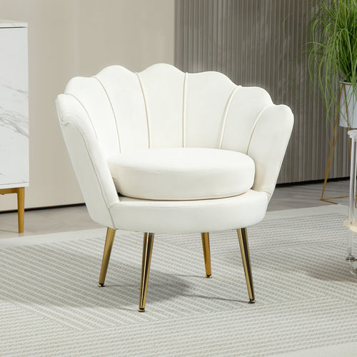 Modern Accent Chair, Velvet-Touch Fabric Leisure Club Chair with Gold Metal Legs for Bedroom, Cream White