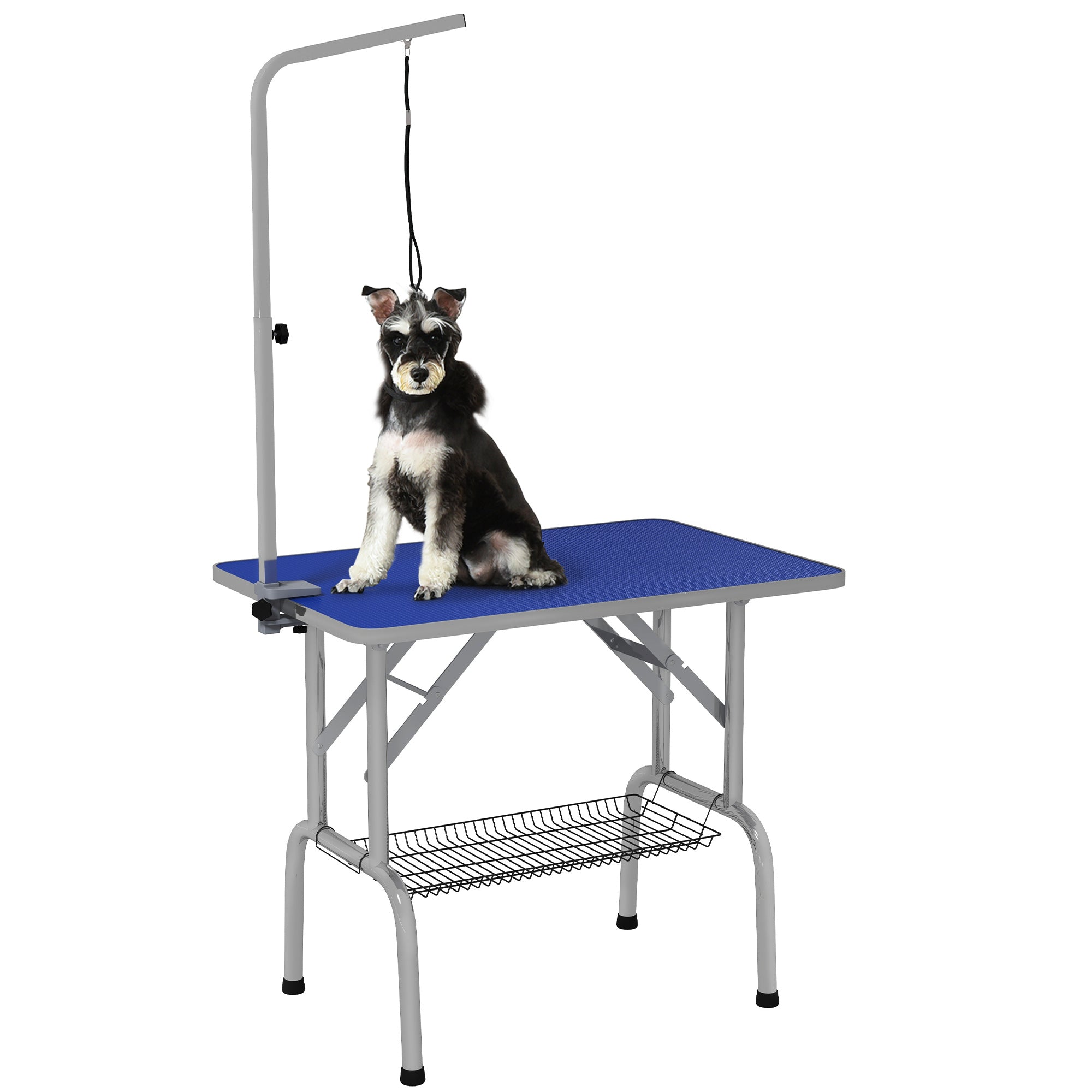 Foldable Grooming Table for Dogs with Height Adjustable Grooming Arm, Storage Shelf, Blue Dog Grooming Tables Blue, Silver at Gallery Canada