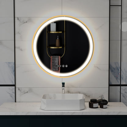 28" Round Bathroom Mirror with LED Lights, Wall Mounted Vanity Mirror with Anti-Fog Pad, Time and Temp Display, Gold Wall Mirrors at Gallery Canada