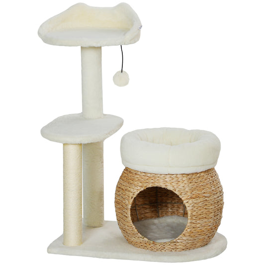 31" Cat Tree Tower with Scratching Posts, Cat Condo, Beds, Platform, Toy Ball, for Indoor Cats, Cream White Cat Towers   at Gallery Canada