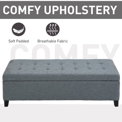 Large 50" Rectangular Storage Ottoman Bench, Tufted Upholstered Linen Fabric Wood Feet Entry Bench, Contemporary Home Decor Grey Storage Ottomans & Benches   at Gallery Canada