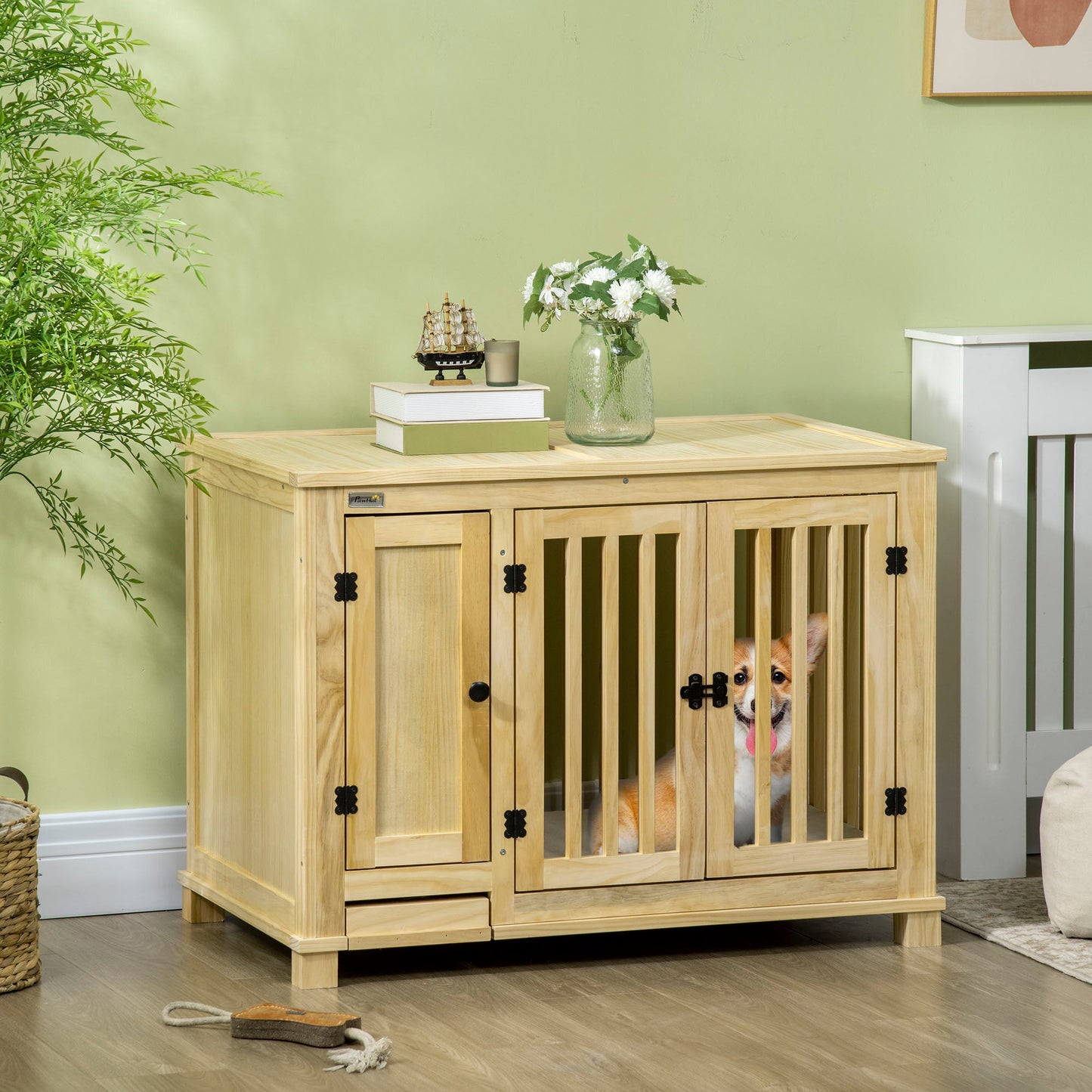 Wooden Dog Crate Furniture with Drawer Bowl Storage, Dog Kennel End Table with Cushion for Small Dogs Indoor Use, Natural Houses, Kennels & Pens   at Gallery Canada