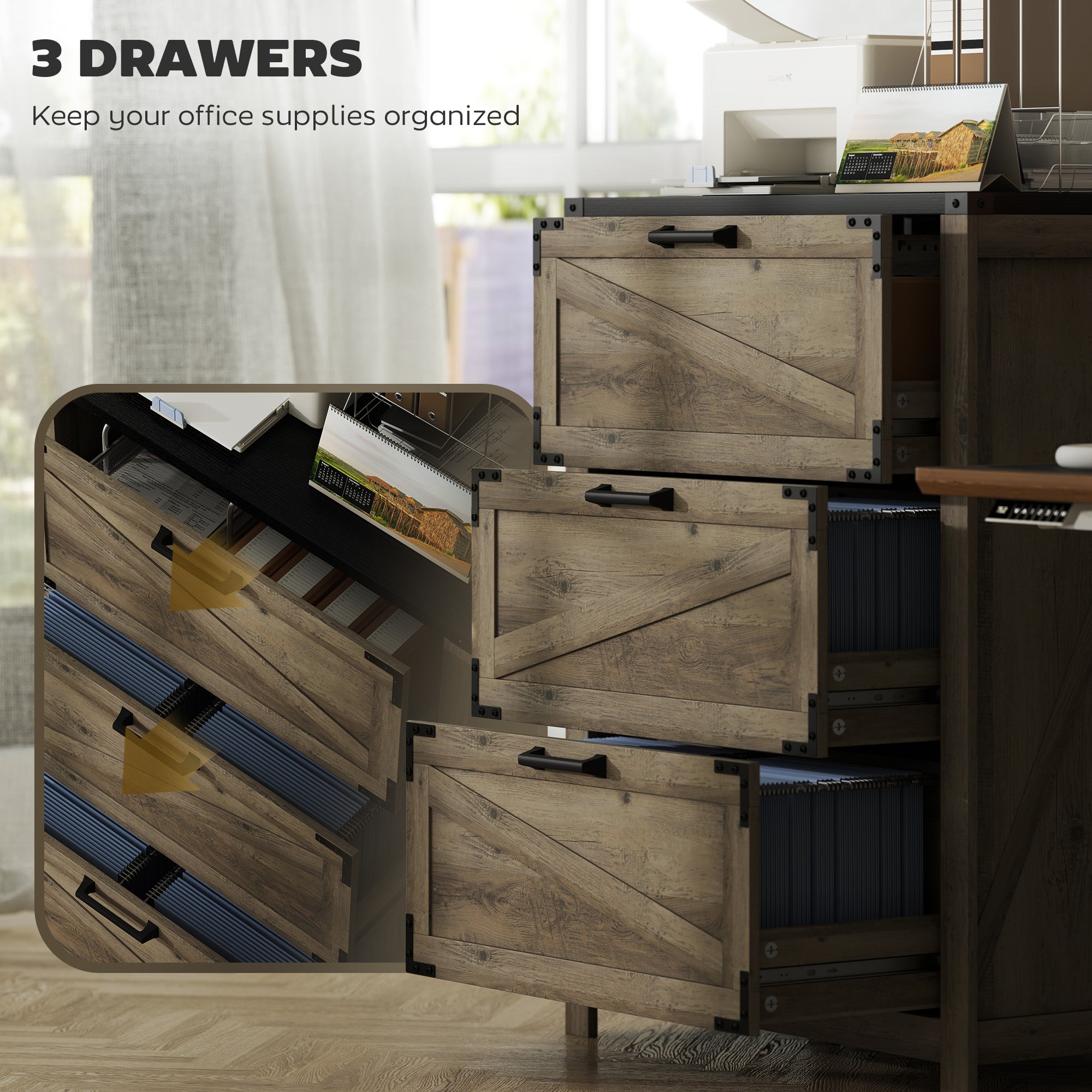 3 Drawer Filing Cabinet, Farmhouse Office Storage Cabinet with Adjustable Hanging Bars for Letter, A4, Legal Size, Grey Office Cabinets & Cupboards at Gallery Canada