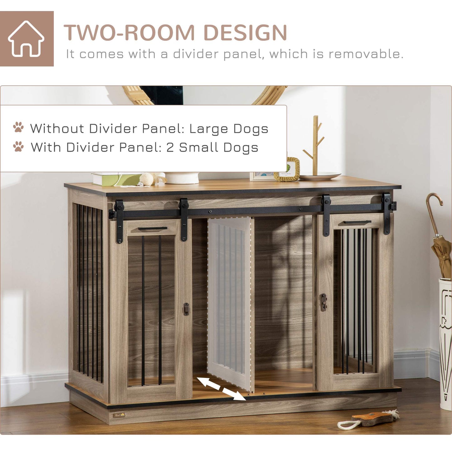 Wooden Dog Crate Furniture with Divider, TV Stand, 2 Rooms, Sliding Doors, Oak Houses, Kennels & Pens   at Gallery Canada