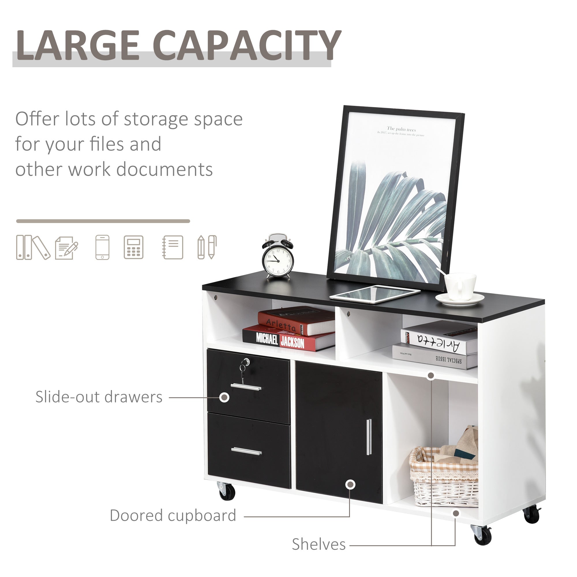 Lateral Filing Cabinet, Printer Stand Home Office Mobile File Cabinet with Wheels, Lockable Drawer, Black Office Cabinets & Cupboards at Gallery Canada