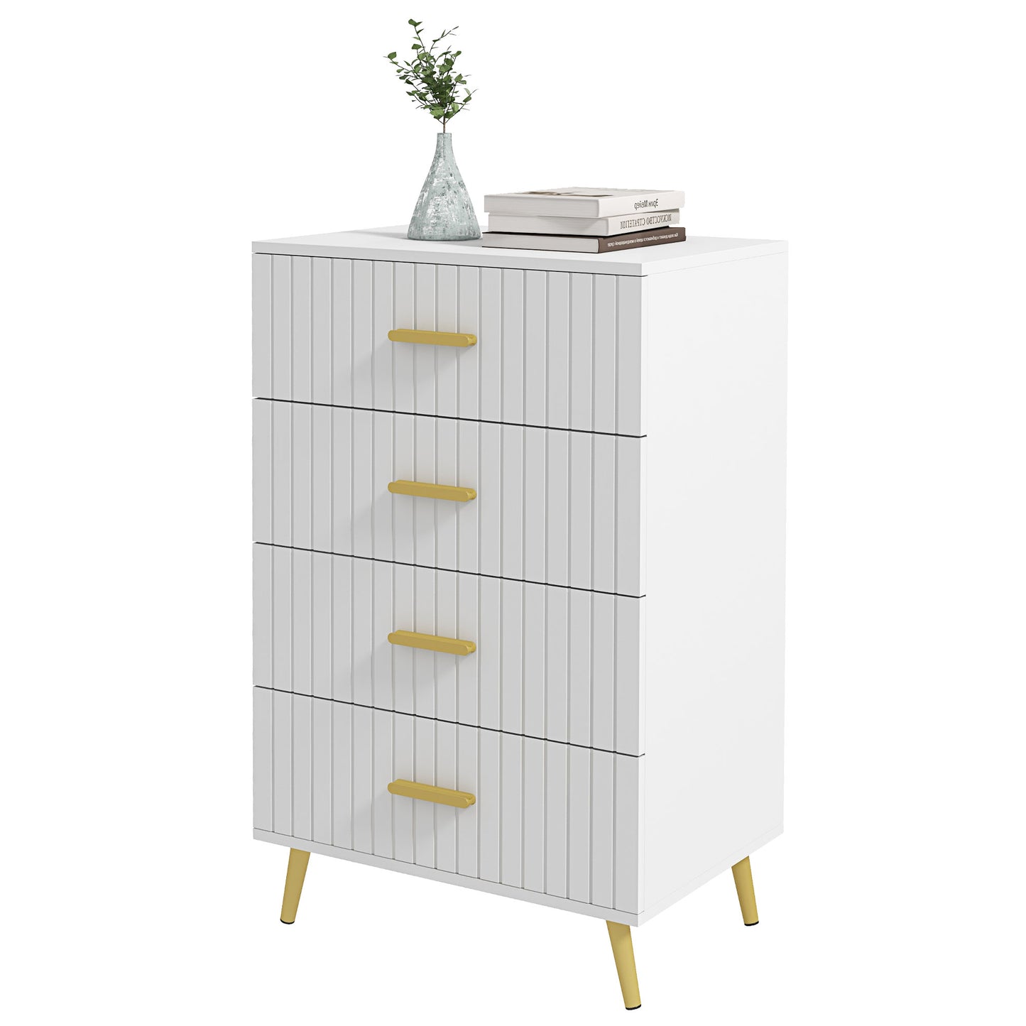 4 Drawer Cabinet, Drawer Chest for Bedroom, Chest of Drawers with Aluminium Legs and Gold Handles, White Storage Cabinets   at Gallery Canada