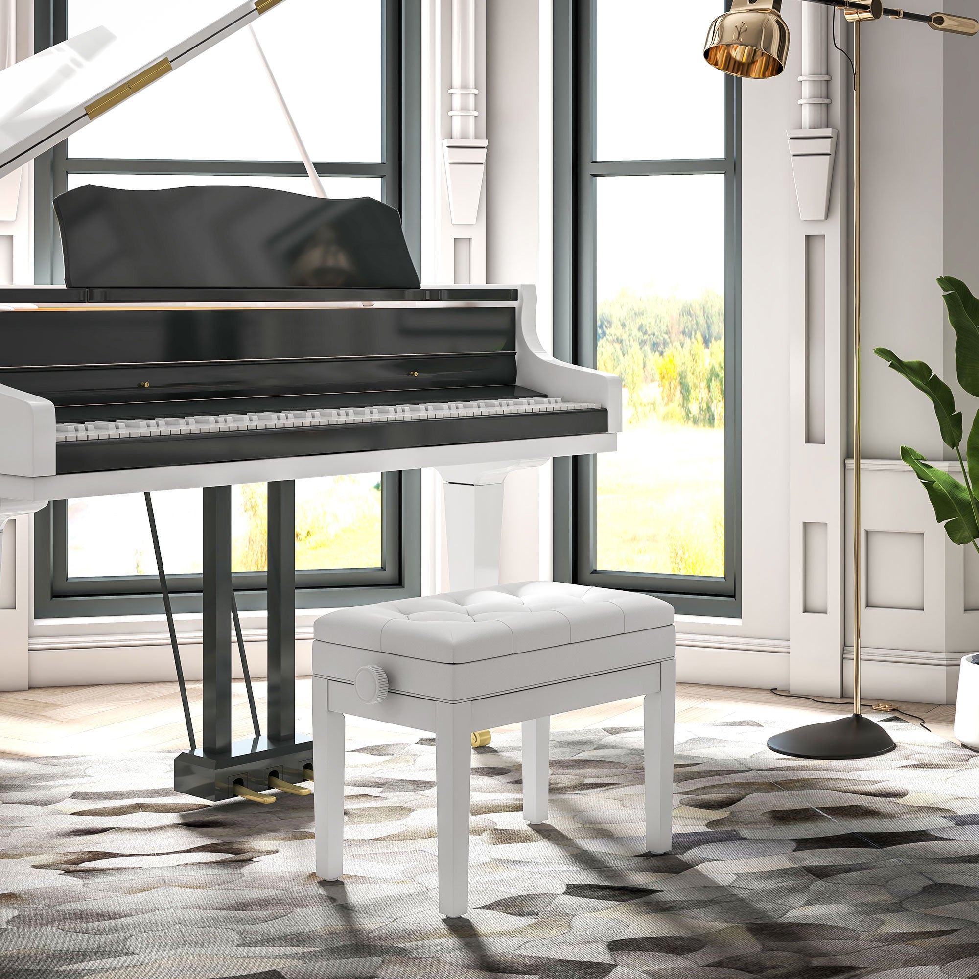 Adjustable Piano Bench with Storage and Soft PU Leather Padded, with Enough Music Storage Design, White Piano Benches at Gallery Canada