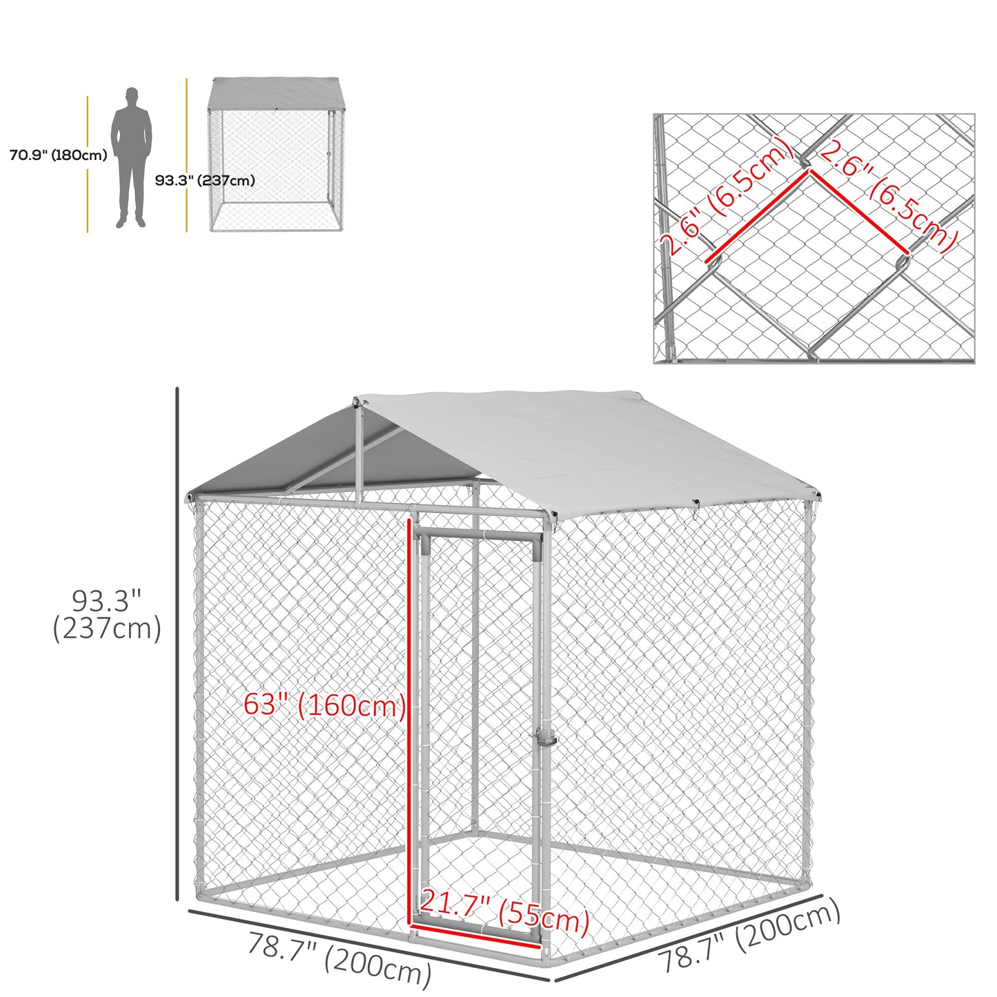 6.6' x 6.6' x 7.8' Walk in Outdoor Dog Kennel Heavy Duty Galvanised Steel Chain Link with UV-resistant Roof, Silver Houses, Kennels & Pens   at Gallery Canada