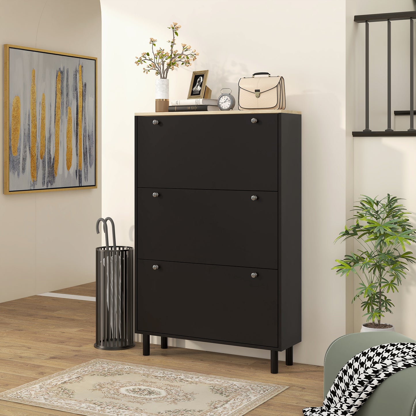 Narrow Shoe Storage with 3 Flip Drawers and Adjustable Shelves, Shoe Cabinet Organizer for 24 Pairs of Shoes, Black Shoe Storage Cabinets & Racks   at Gallery Canada