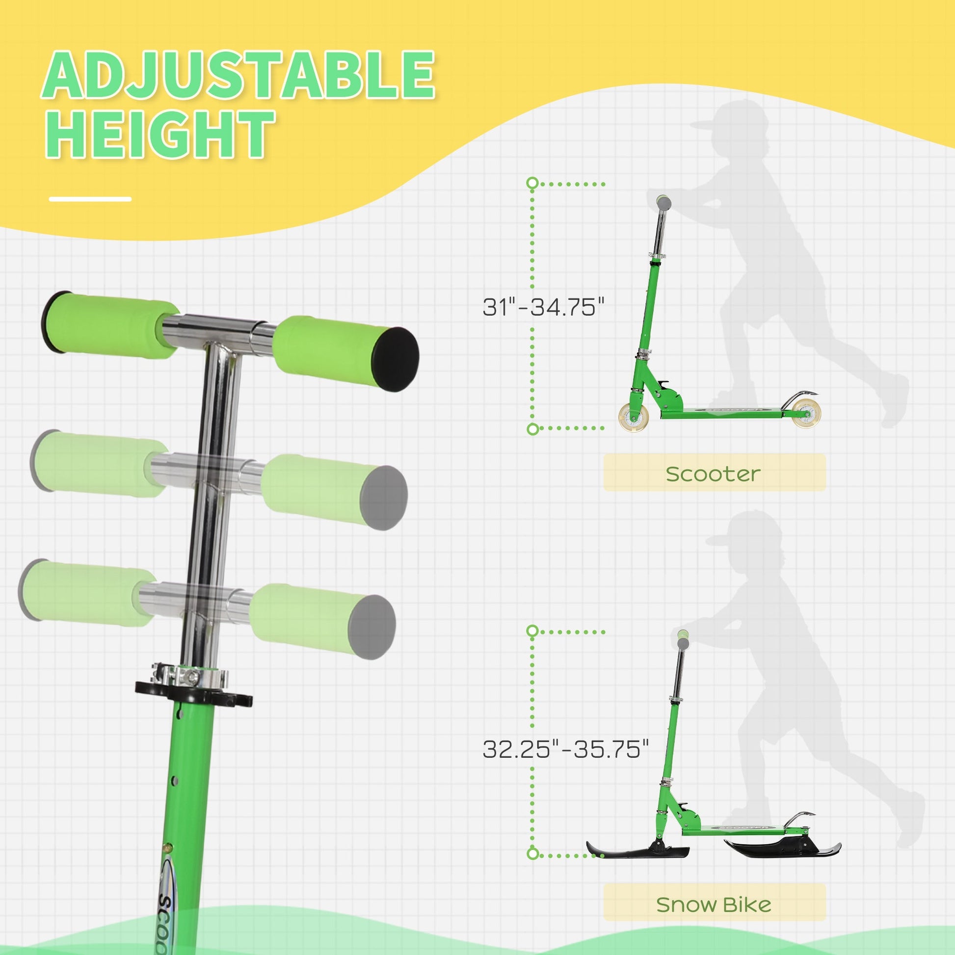 Snow Scooter, 2 in 1 Design Adjustable Height Scooter Snow Sled for Kids Aged Over 7 Years Old, Kids Sled Ski Scooter with Wheels Blades, Green Snow Scooters   at Gallery Canada