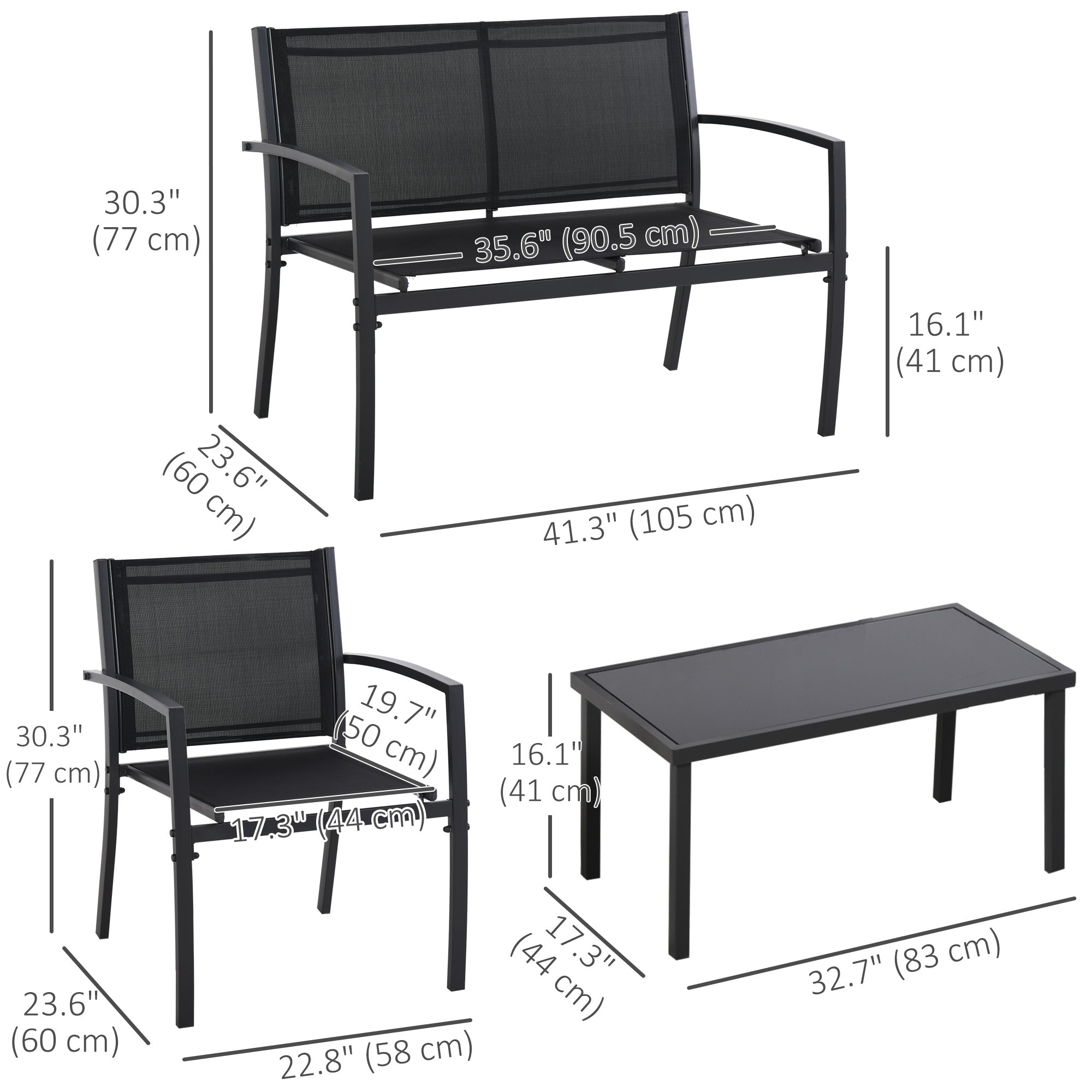 4-Piece Patio Furniture Set with Glass Top Coffee Table, Breathable Mesh Seat &; Backrest for Garden, Balcony, Black Patio Furniture Sets at Gallery Canada