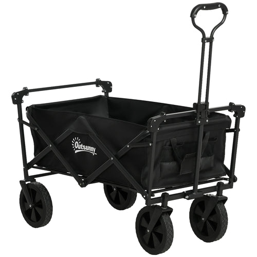 Steel Frame Folding Garden Cart, Collapsible Wagon Cart with Removable Canopy, Telescopic Handle and Carrying Bag