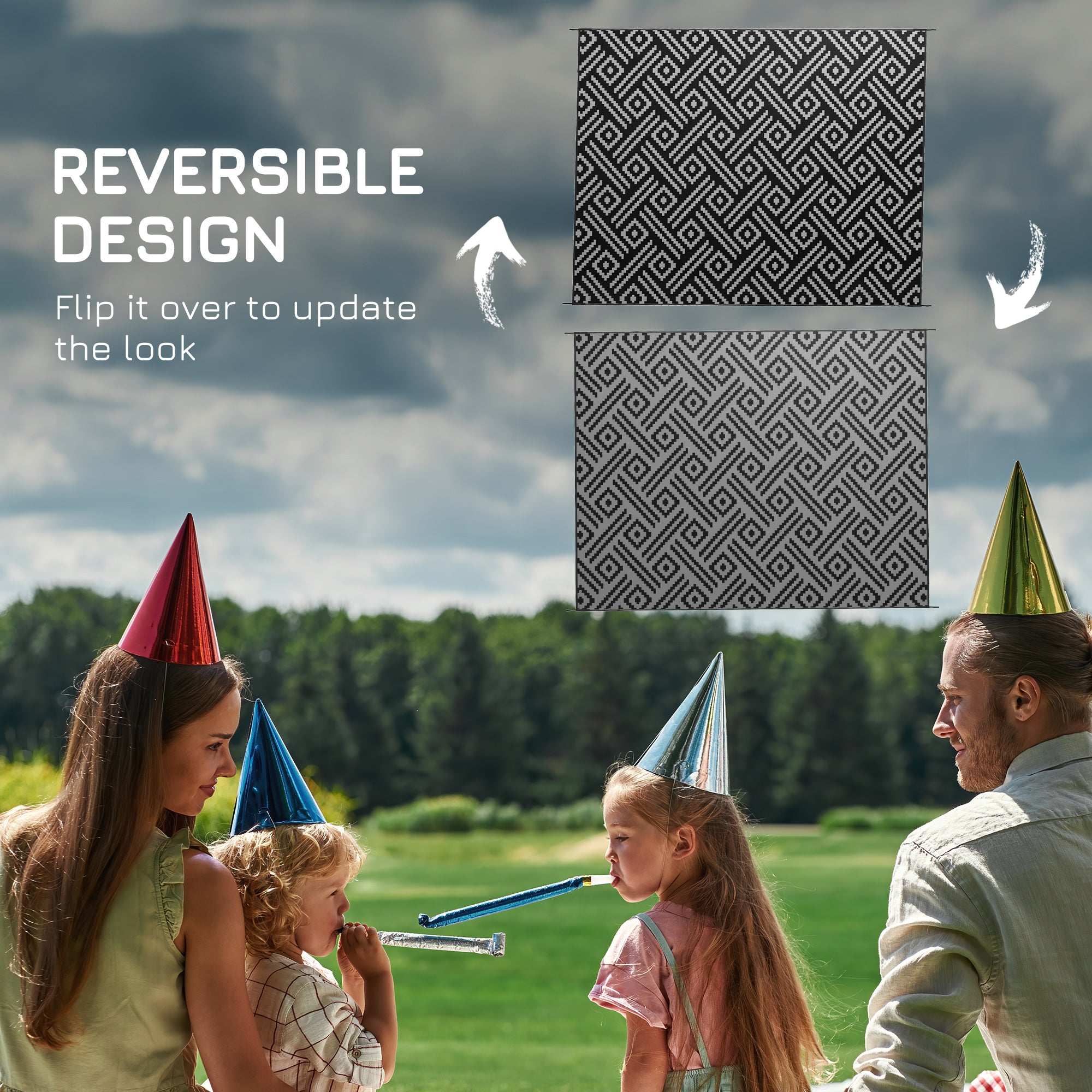 Reversible Outdoor Rug Waterproof Plastic Straw RV Rug with Carry Bag, 9' x 12', Black and Grey Geometric Outdoor Reversible Rugs   at Gallery Canada