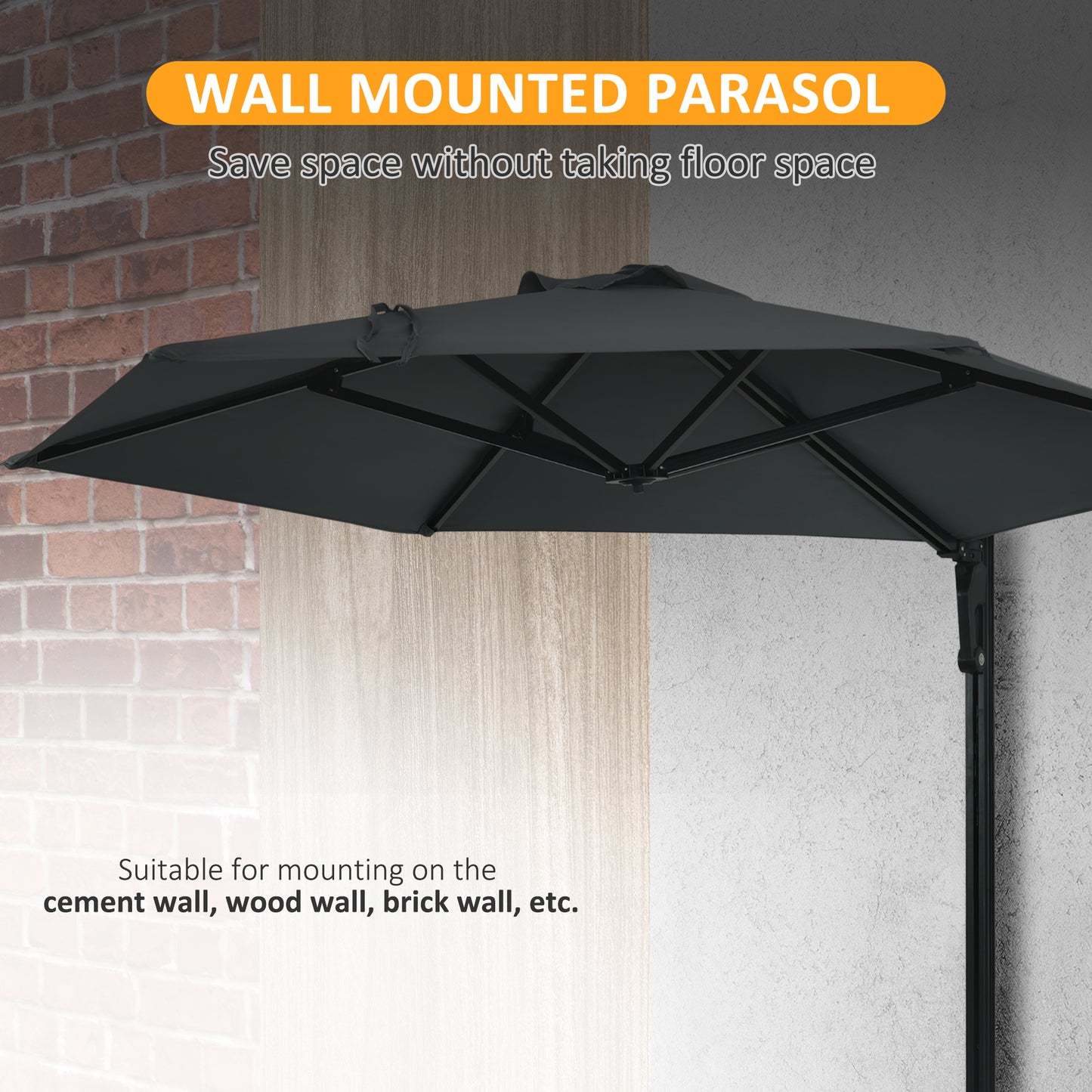 8 ft Wall Mounted Umbrella with 180° Rotatable Canopy, Patio Wall Parasol for Outdoor, Garden, Balcony, Yard, Dark Grey Sun Umbrellas   at Gallery Canada