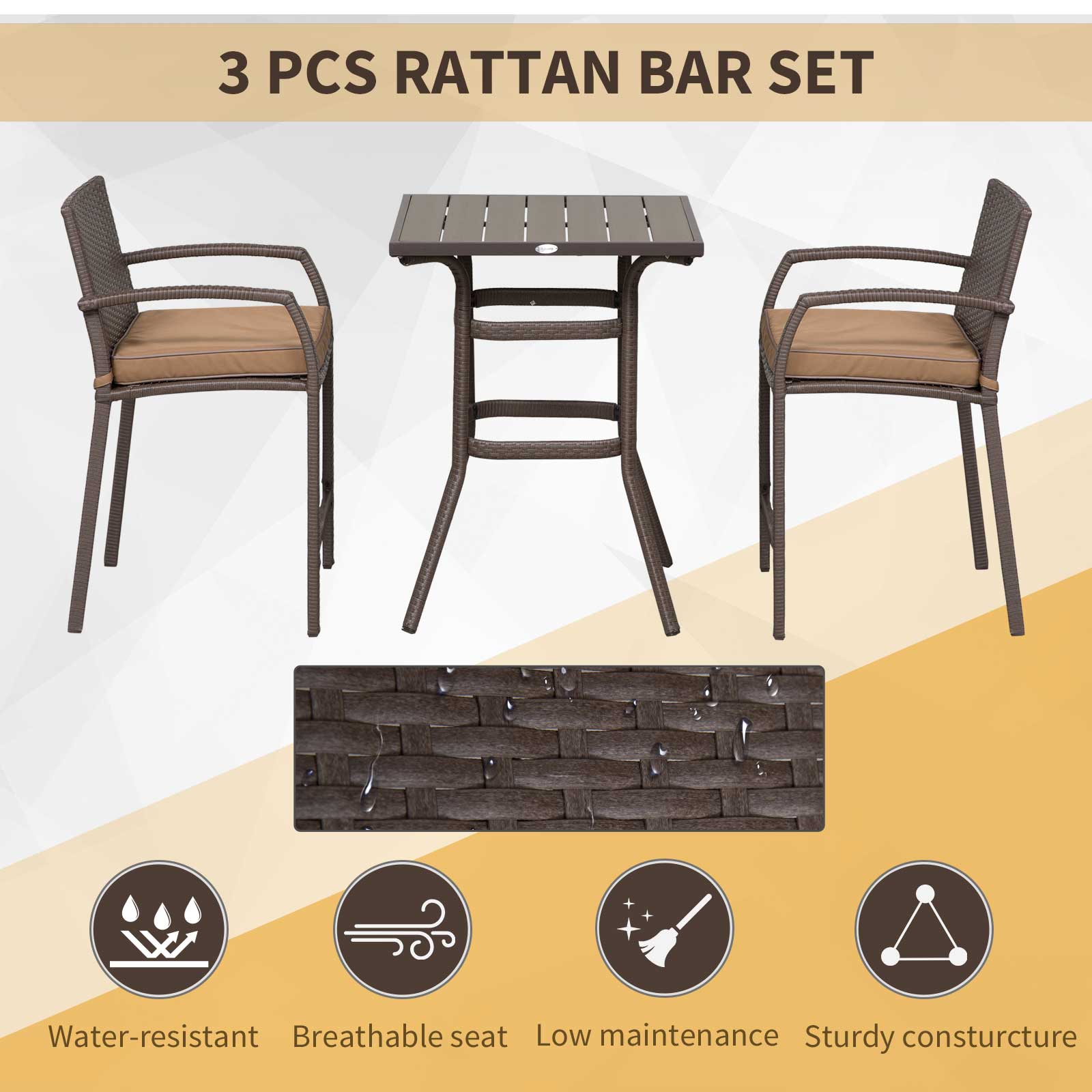 3 Pieces Outdoor Wicker Bistro Bar Set Garden PE Rattan Bar Table and Stools with Seat Cushion, Khaki Bistro Sets   at Gallery Canada